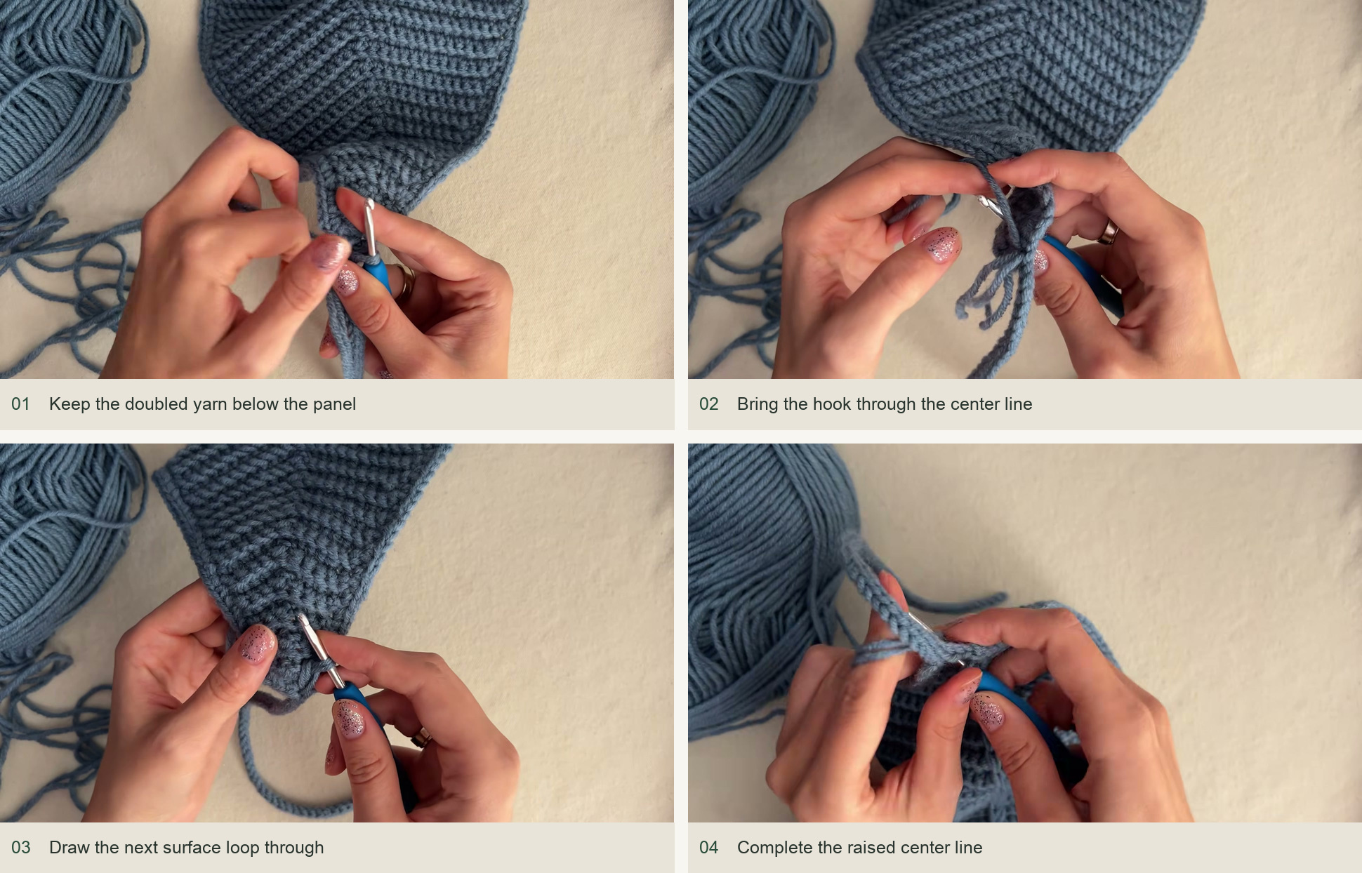 Optional center line and final checks: Keep the doubled yarn below the panel; Bring the hook through the center line; Draw the next surface loop through; Complete the raised center line