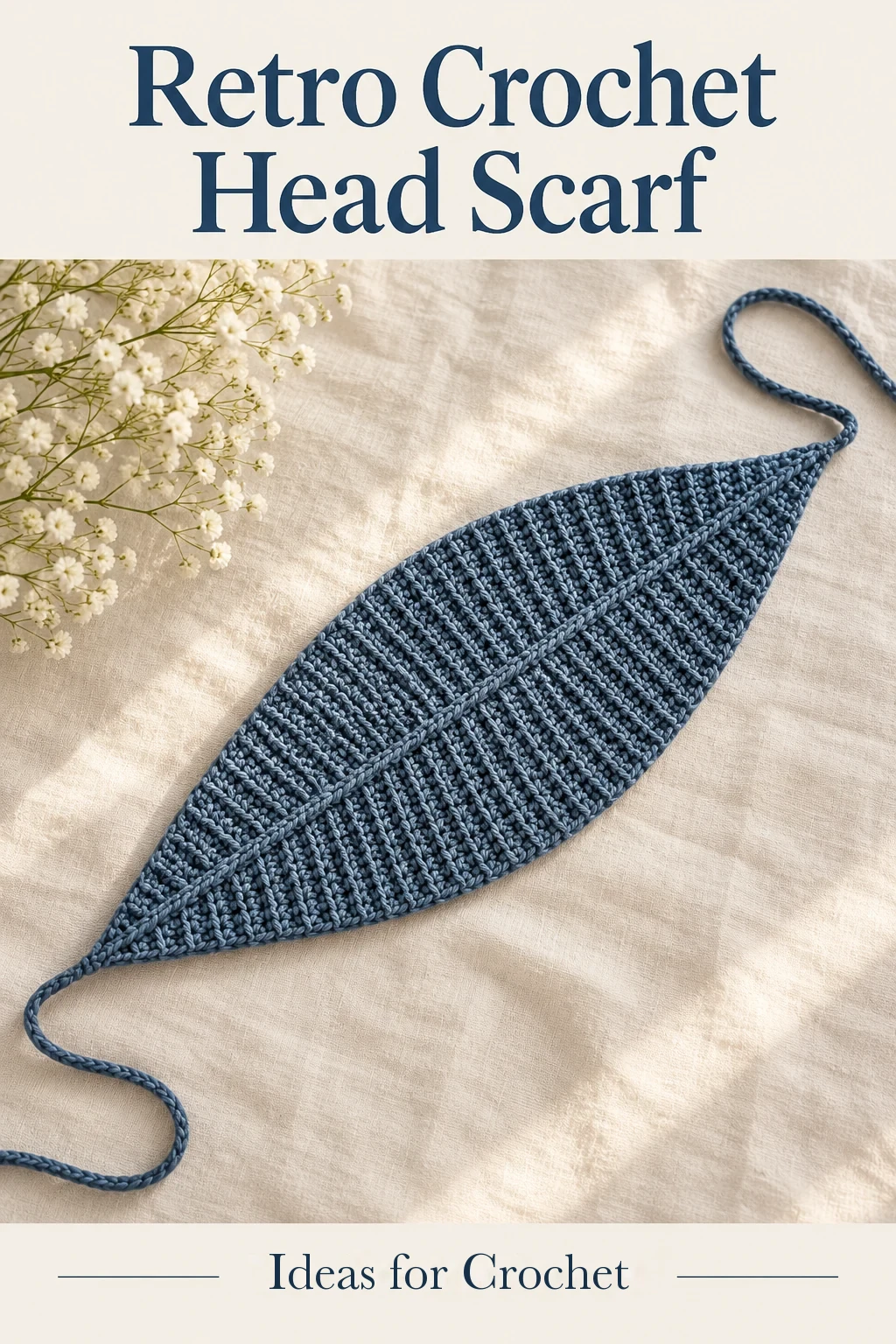 Denim-blue ribbed crochet head scarf with tapered ends and matching ties