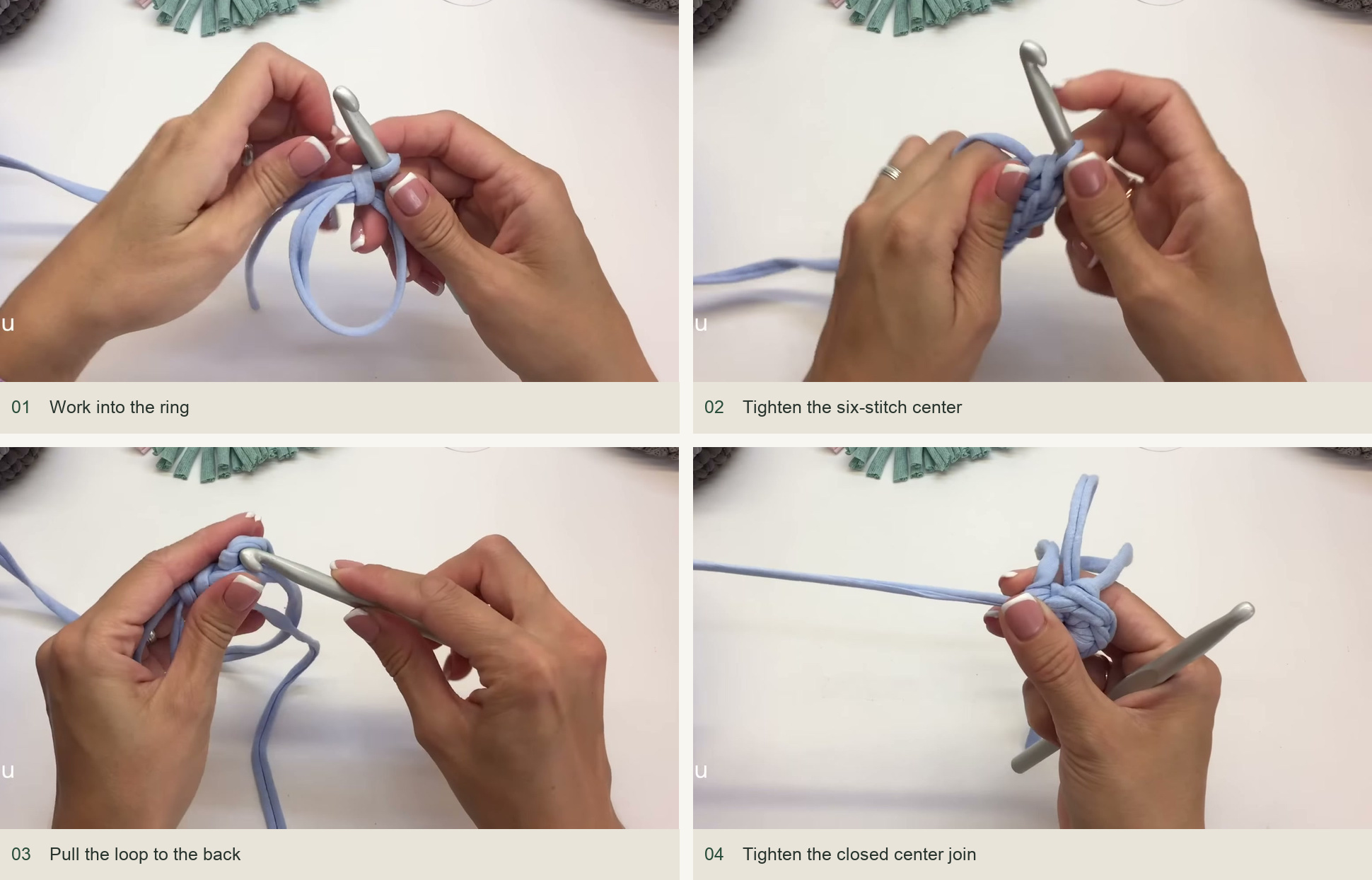 Work into the ring; Tighten the six-stitch center; Pull the loop to the back; Tighten the closed center join
