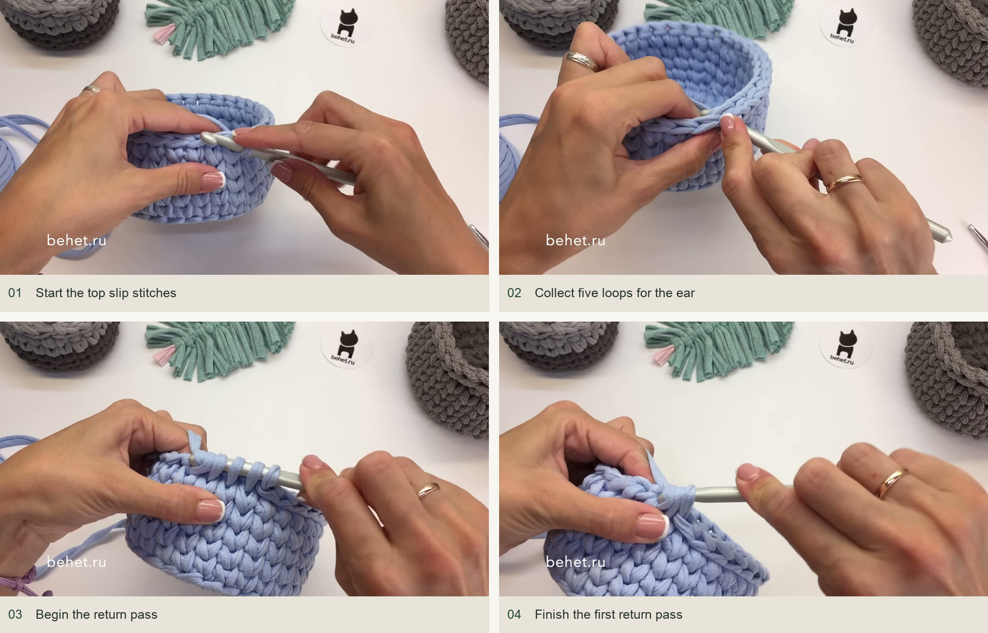 Start the top slip stitches; Collect five loops for the ear; Begin the return pass; Finish the first return pass