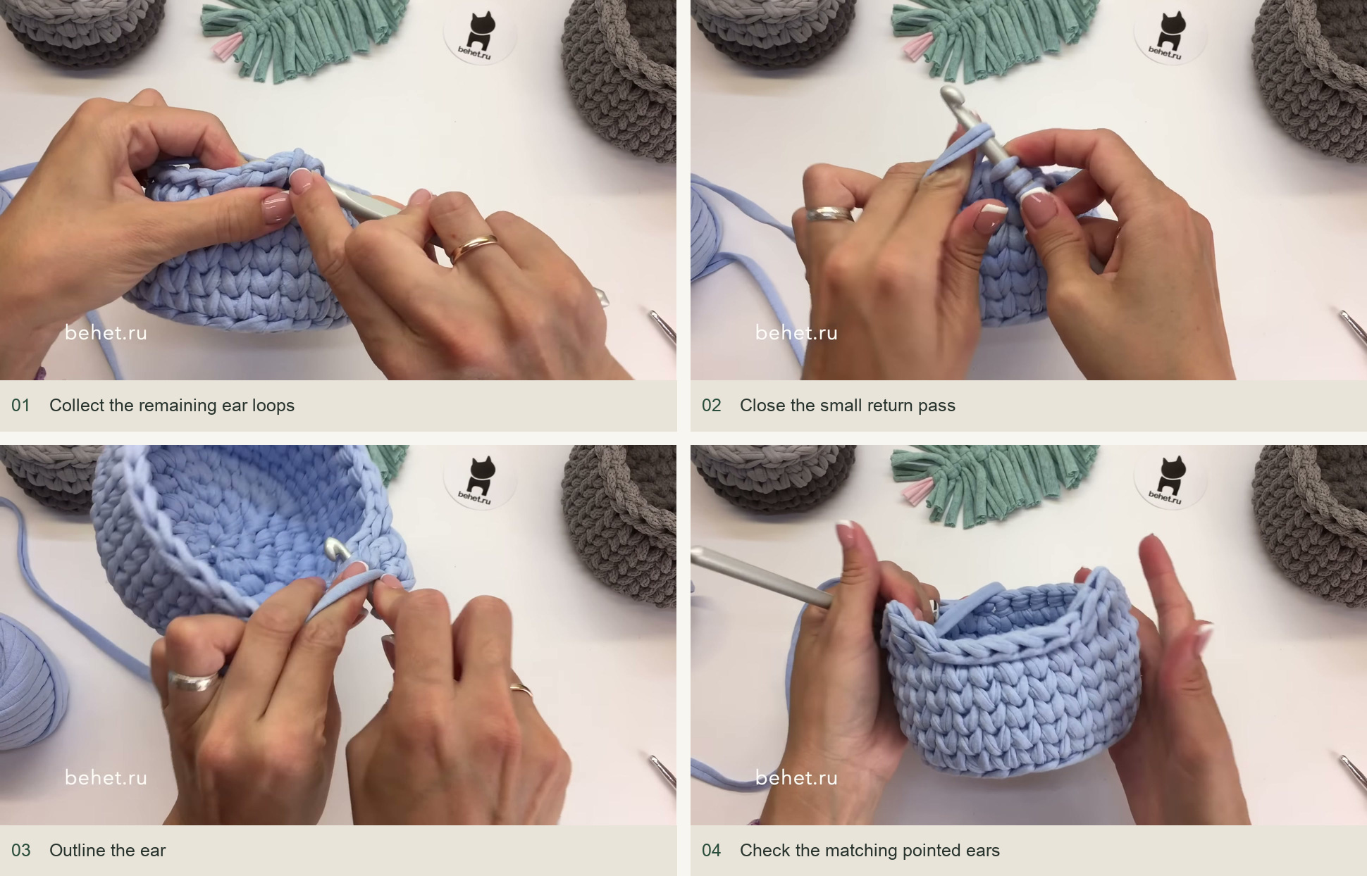 Collect the remaining ear loops; Close the small return pass; Outline the ear; Check the matching pointed ears