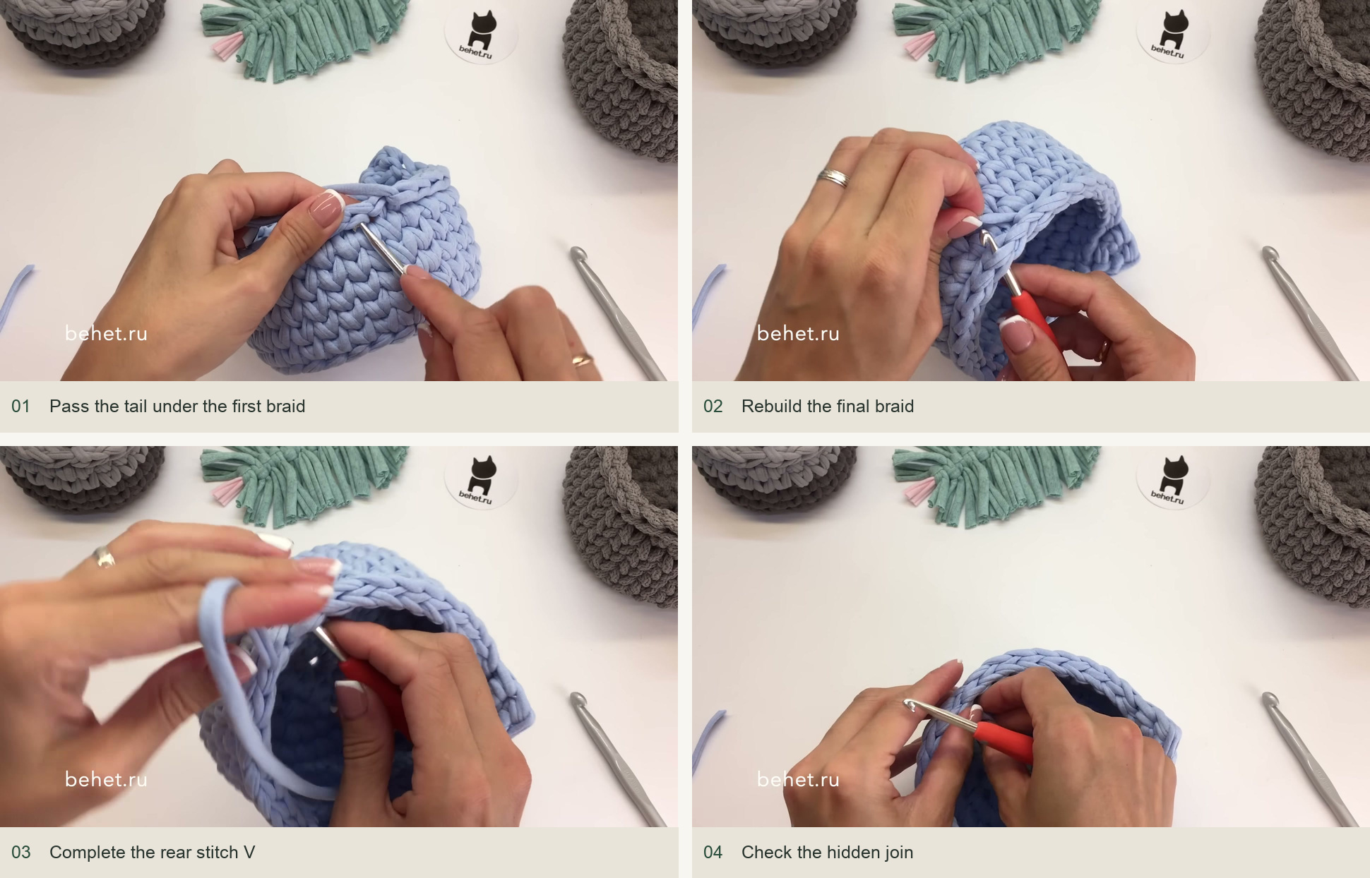 Pass the tail under the first braid; Rebuild the final braid; Complete the rear stitch V; Check the hidden join