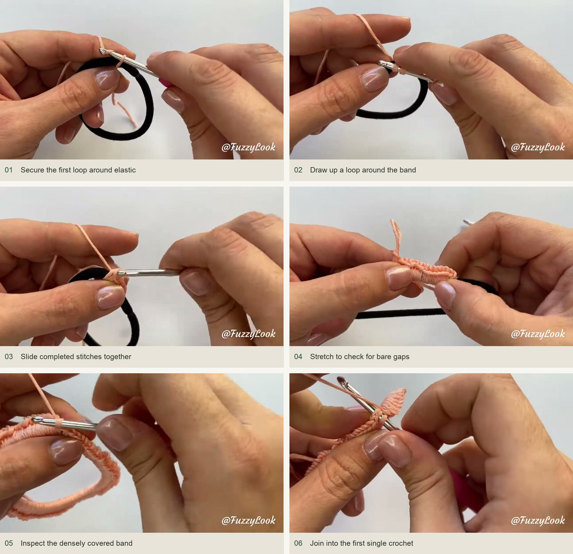 Cover the elastic completely: Secure the first loop around elastic; Draw up a loop around the band; Slide completed stitches together; Stretch to check for bare gaps; Inspect the densely covered band; Join into the first single crochet