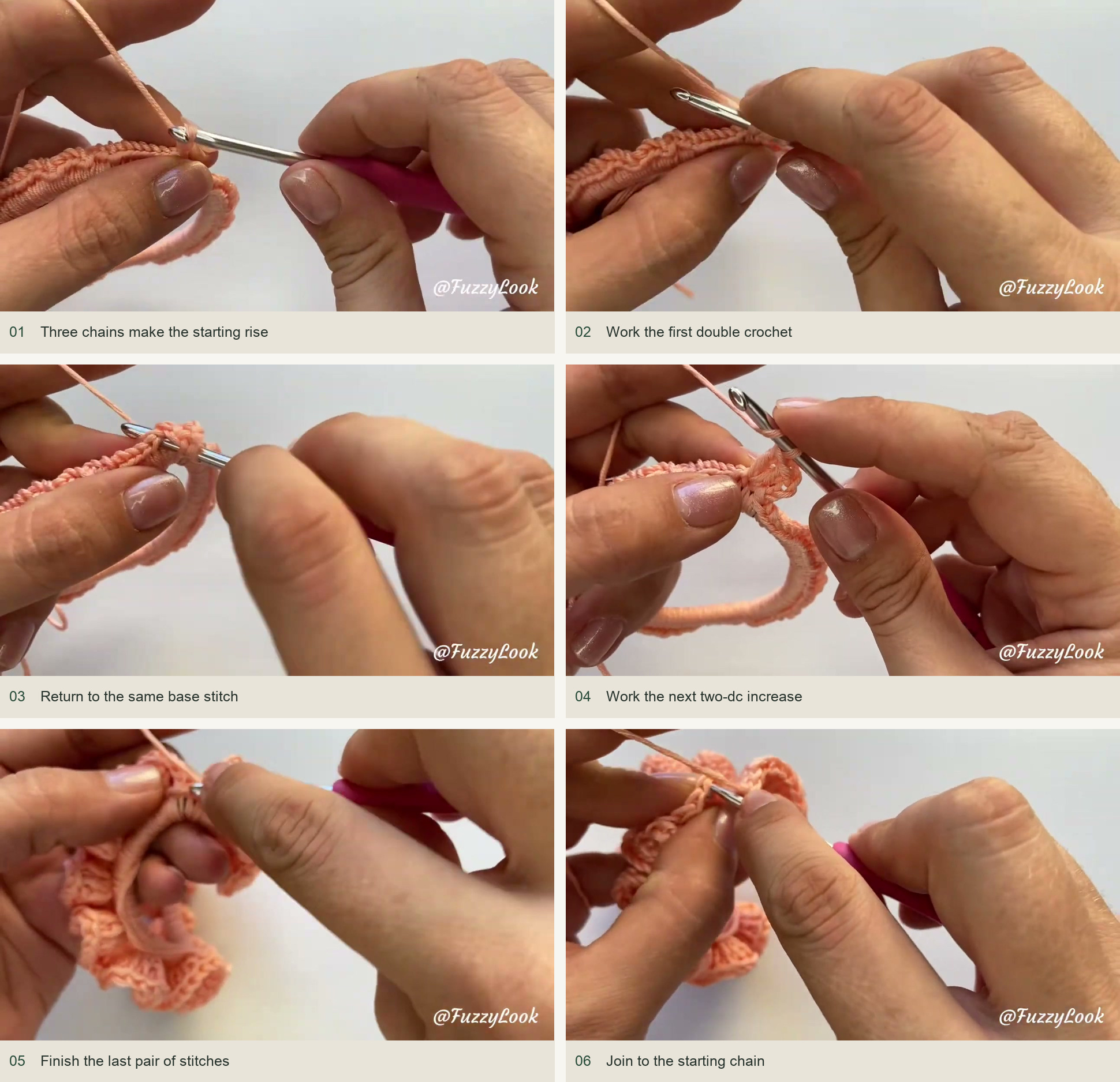 First frill round: two double crochets per stitch: Three chains make the starting rise; Work the first double crochet; Return to the same base stitch; Work the next two-dc increase; Finish the last pair of stitches; Join to the starting chain