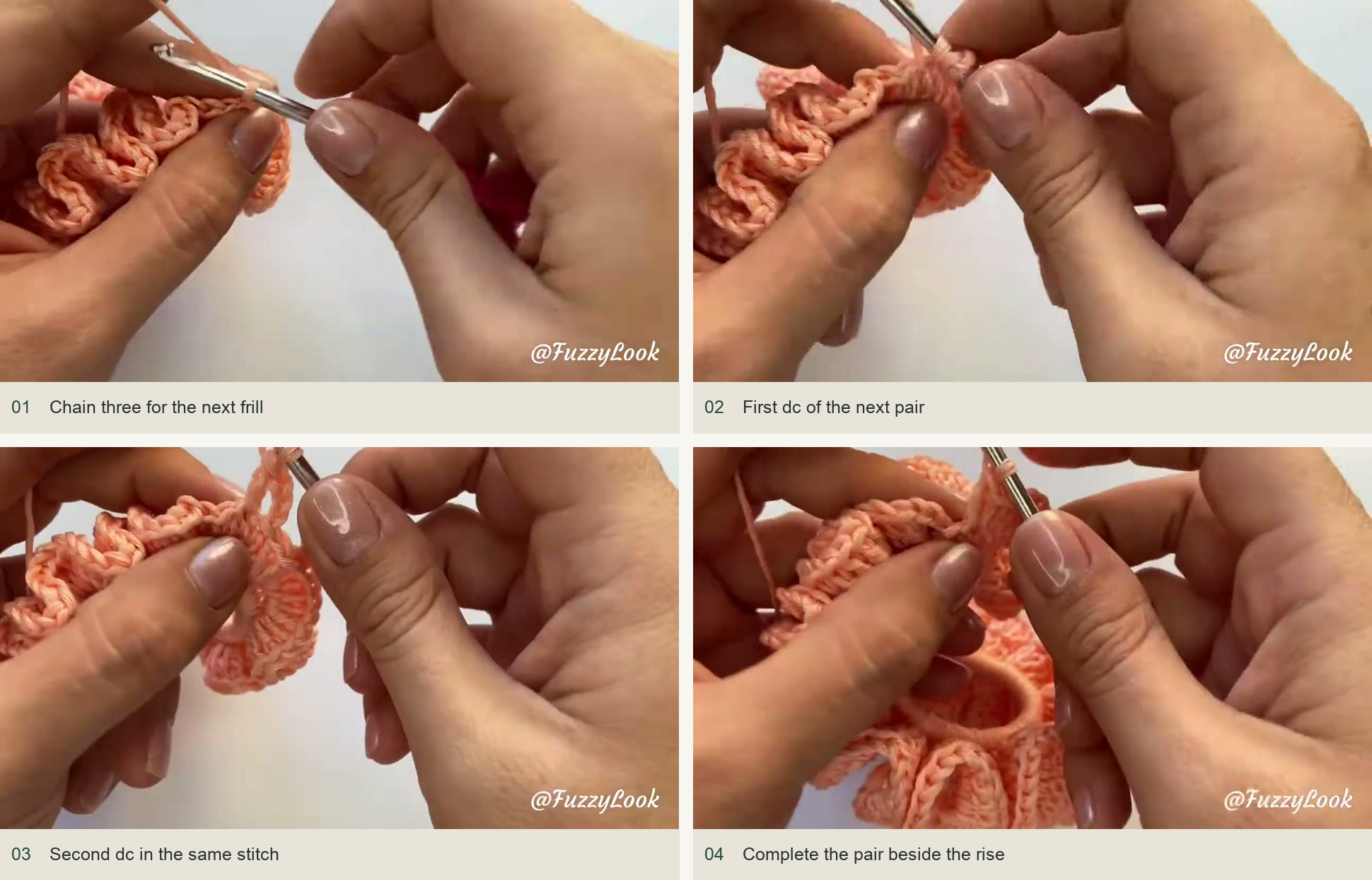 Second frill round: repeat the increases: Chain three for the next frill; First dc of the next pair; Second dc in the same stitch; Complete the pair beside the rise