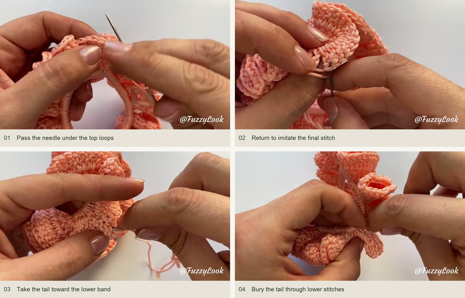 Finish without a hard, tight knot: Pass the needle under the top loops; Return to imitate the final stitch; Take the tail toward the lower band; Bury the tail through lower stitches