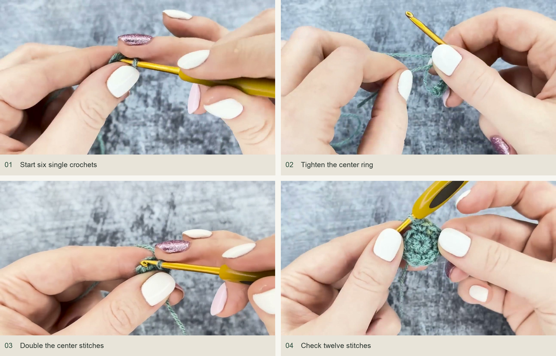 Start six single crochets; Tighten the center ring; Double the center stitches; Check twelve stitches