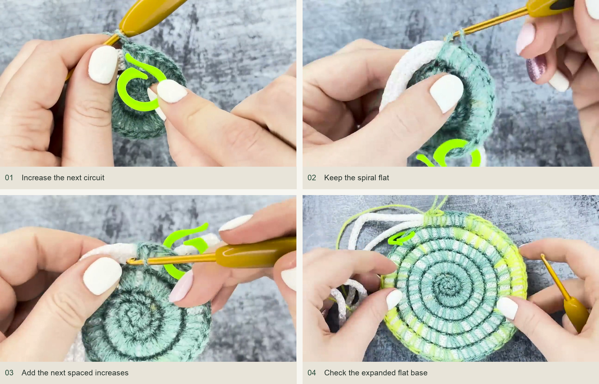 Increase the next circuit; Keep the spiral flat; Add the next spaced increases; Check the expanded flat base