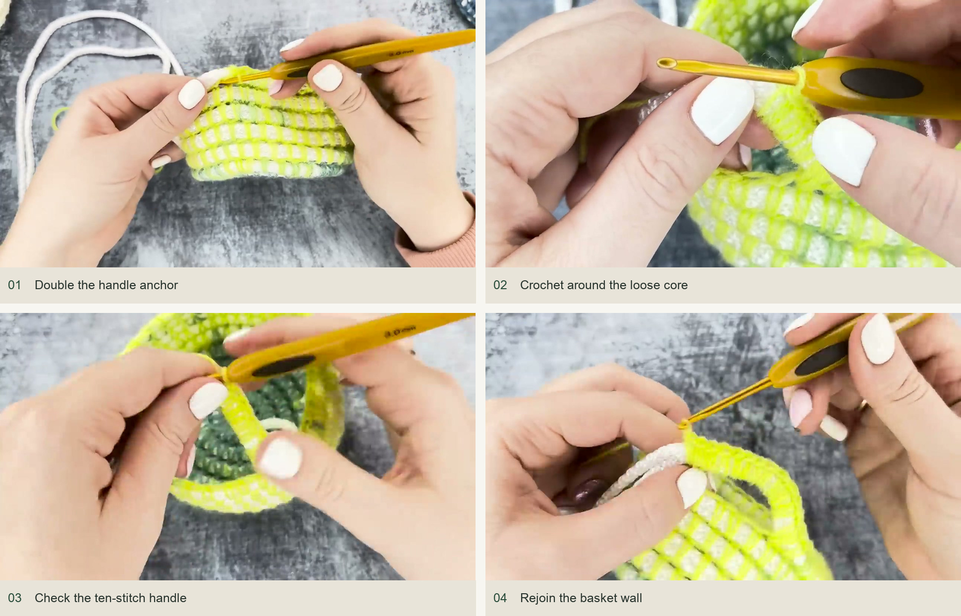 Double the handle anchor; Crochet around the loose core; Check the ten-stitch handle; Rejoin the basket wall