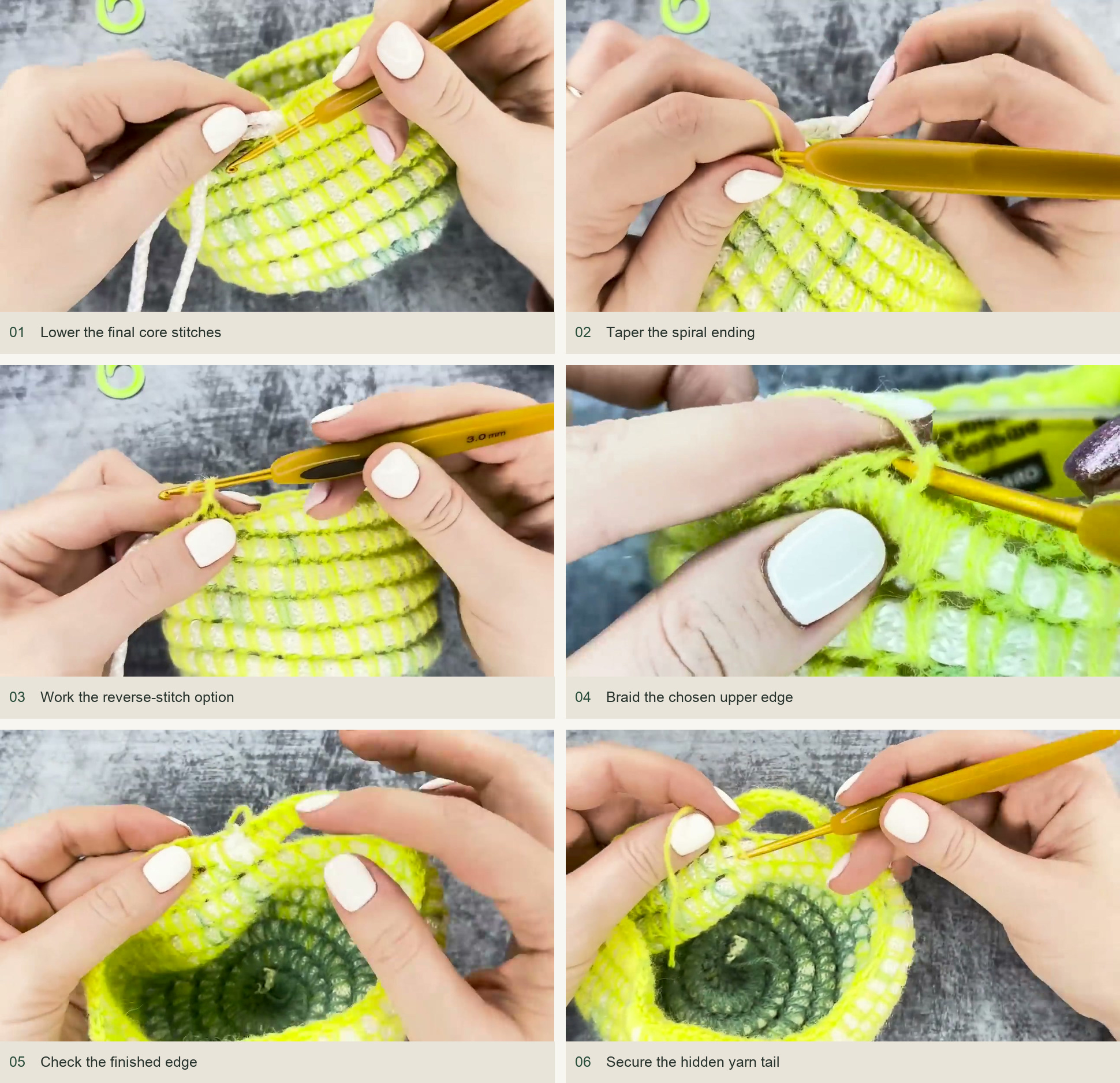Lower the final core stitches; Taper the spiral ending; Work the reverse-stitch option; Braid the chosen upper edge; Check the finished edge; Secure the hidden yarn tail