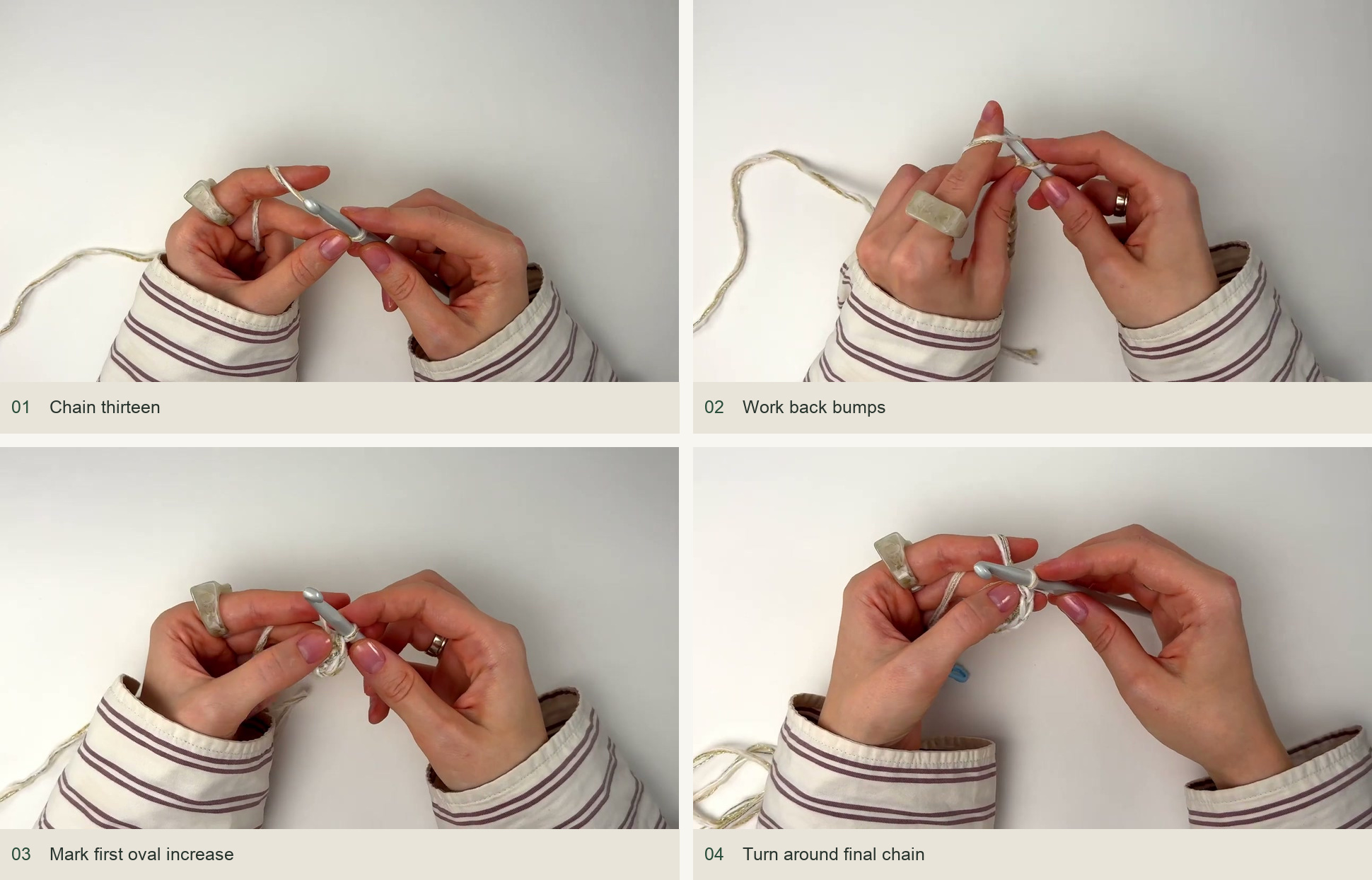 Begin the thirteen-chain oval: Chain thirteen; Work back bumps; Mark first oval increase; Turn around final chain