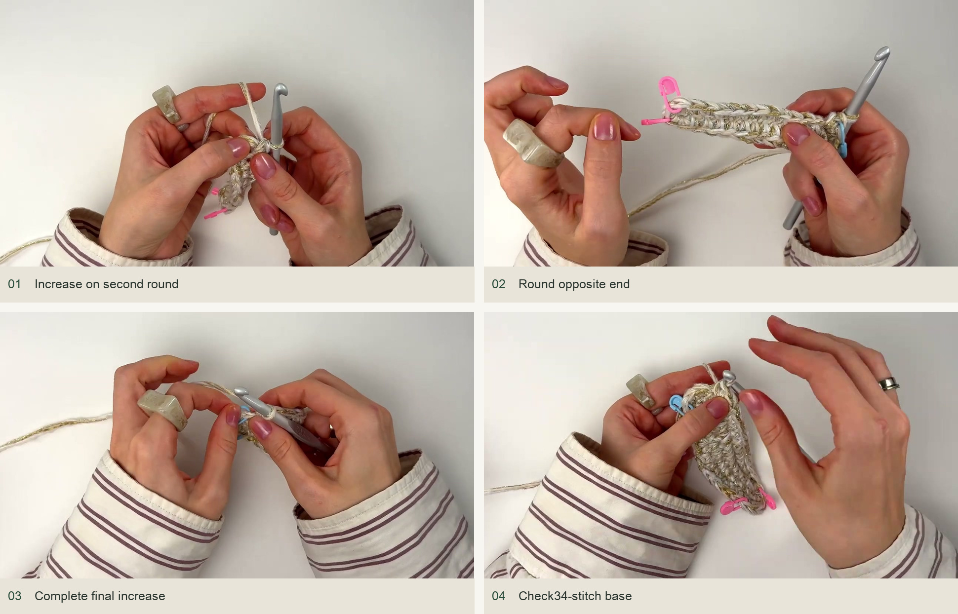 Complete the thirty-four-stitch base: Increase on second round; Round opposite end; Complete final increase; Check34-stitch base