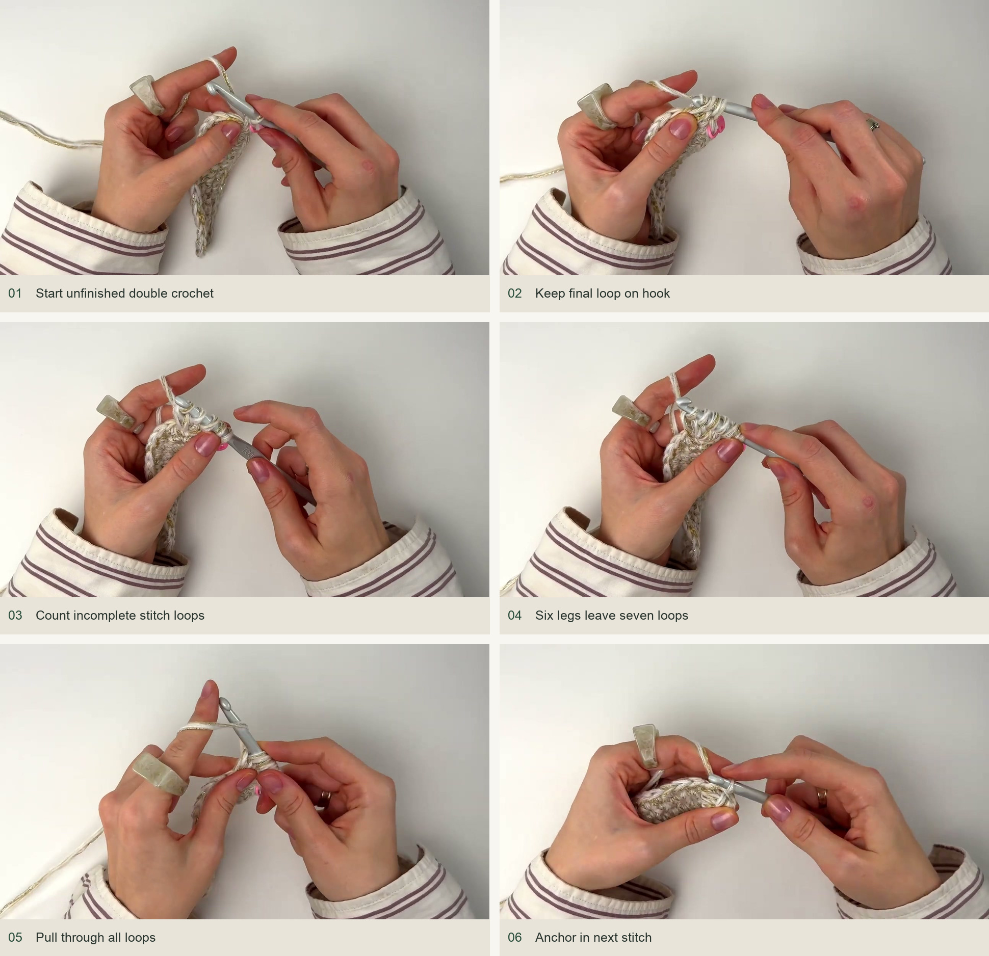 Work the first cluster round: Start unfinished double crochet; Keep final loop on hook; Count incomplete stitch loops; Six legs leave seven loops; Pull through all loops; Anchor in next stitch