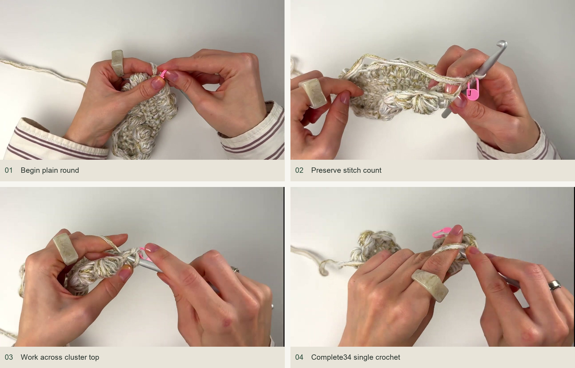 Work a plain single-crochet round: Begin plain round; Preserve stitch count; Work across cluster top; Complete34 single crochet
