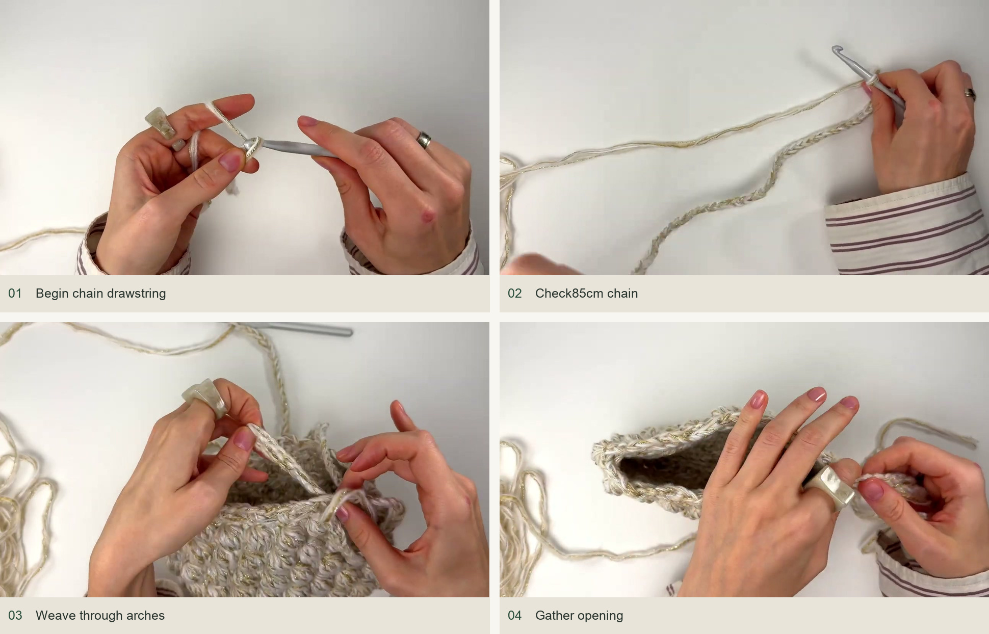 Crochet and thread the drawstring: Begin chain drawstring; Check85cm chain; Weave through arches; Gather opening