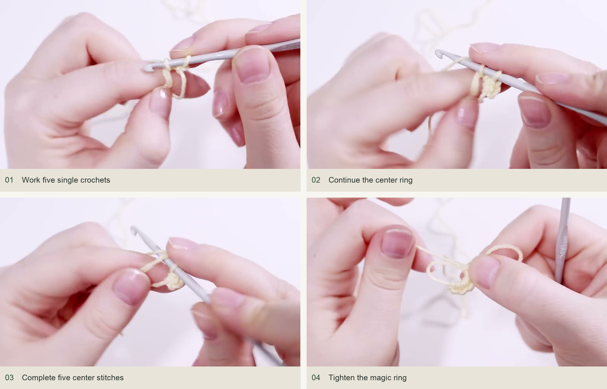 Work five single crochets; Continue the center ring; Complete five center stitches; Tighten the magic ring