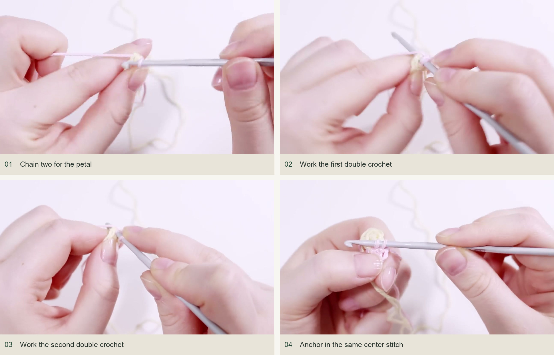 Chain two for the petal; Work the first double crochet; Work the second double crochet; Anchor in the same center stitch