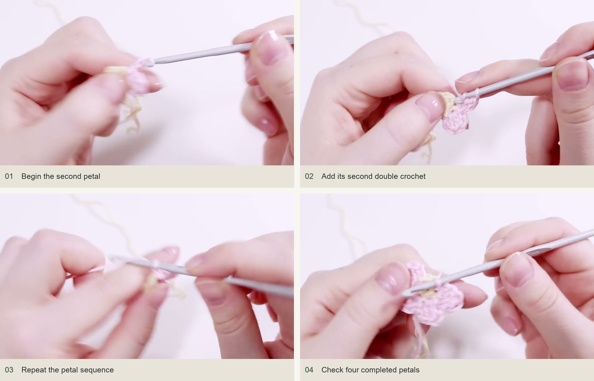 Begin the second petal; Add its second double crochet; Repeat the petal sequence; Check four completed petals