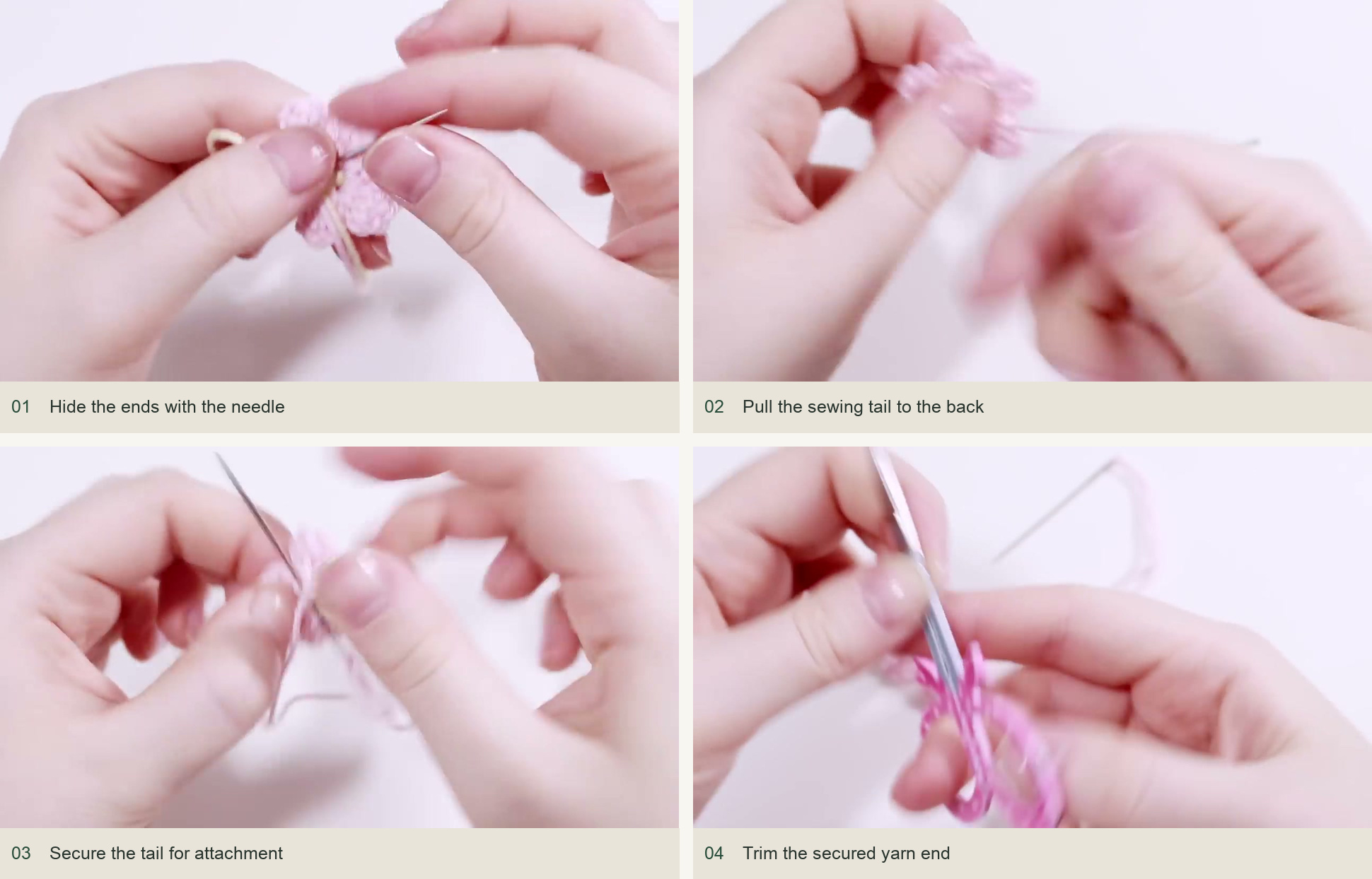 Hide the ends with the needle; Pull the sewing tail to the back; Secure the tail for attachment; Trim the secured yarn end