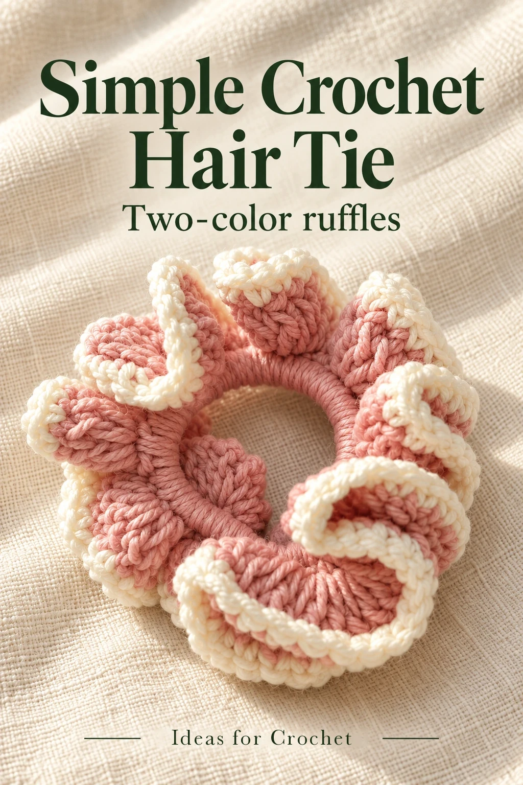 Blush-pink crochet hair tie with an ivory ruffled edge and Simple Crochet Hair Tie title