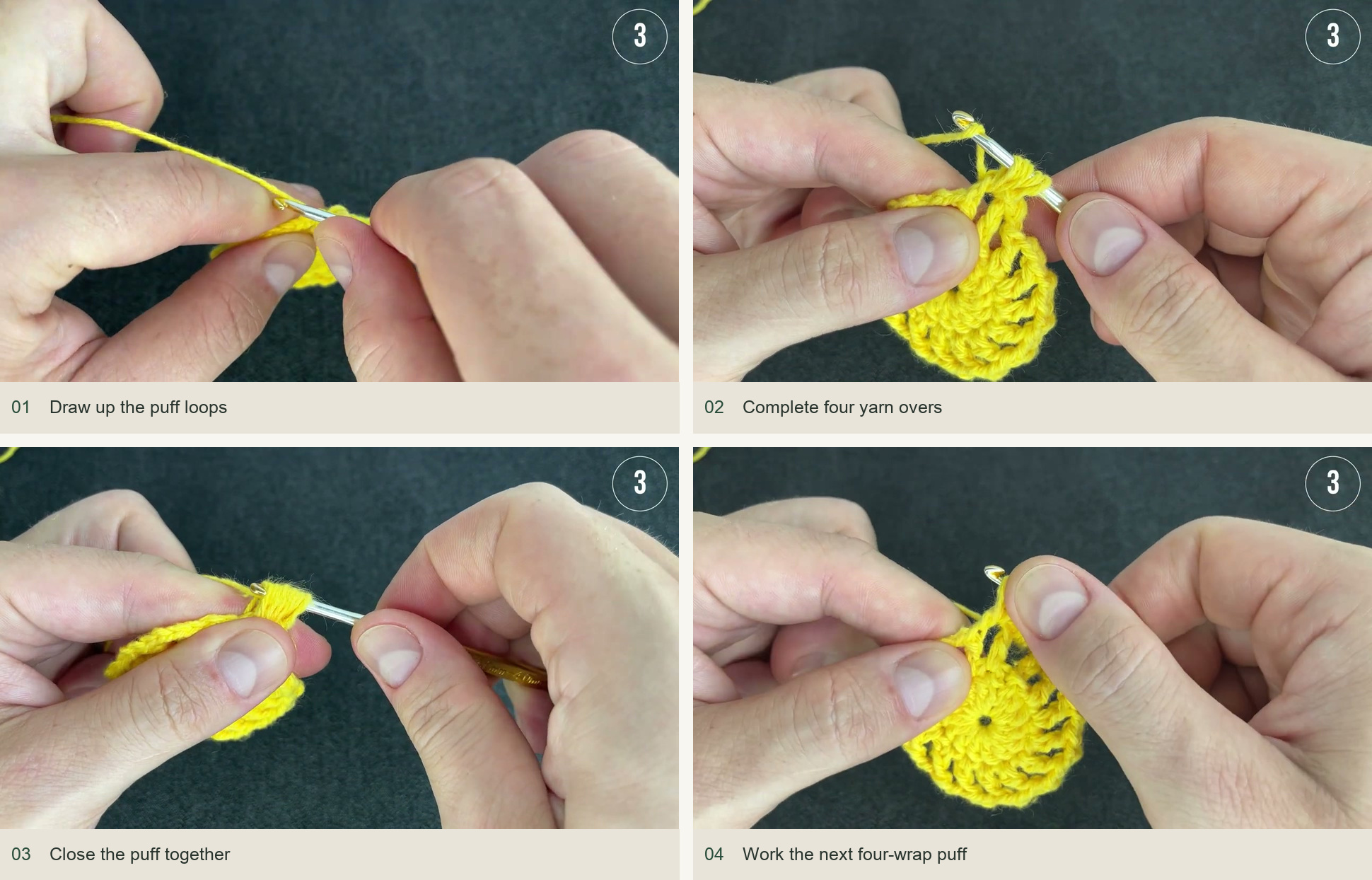 Draw up the puff loops; Complete four yarn overs; Close the puff together; Work the next four-wrap puff