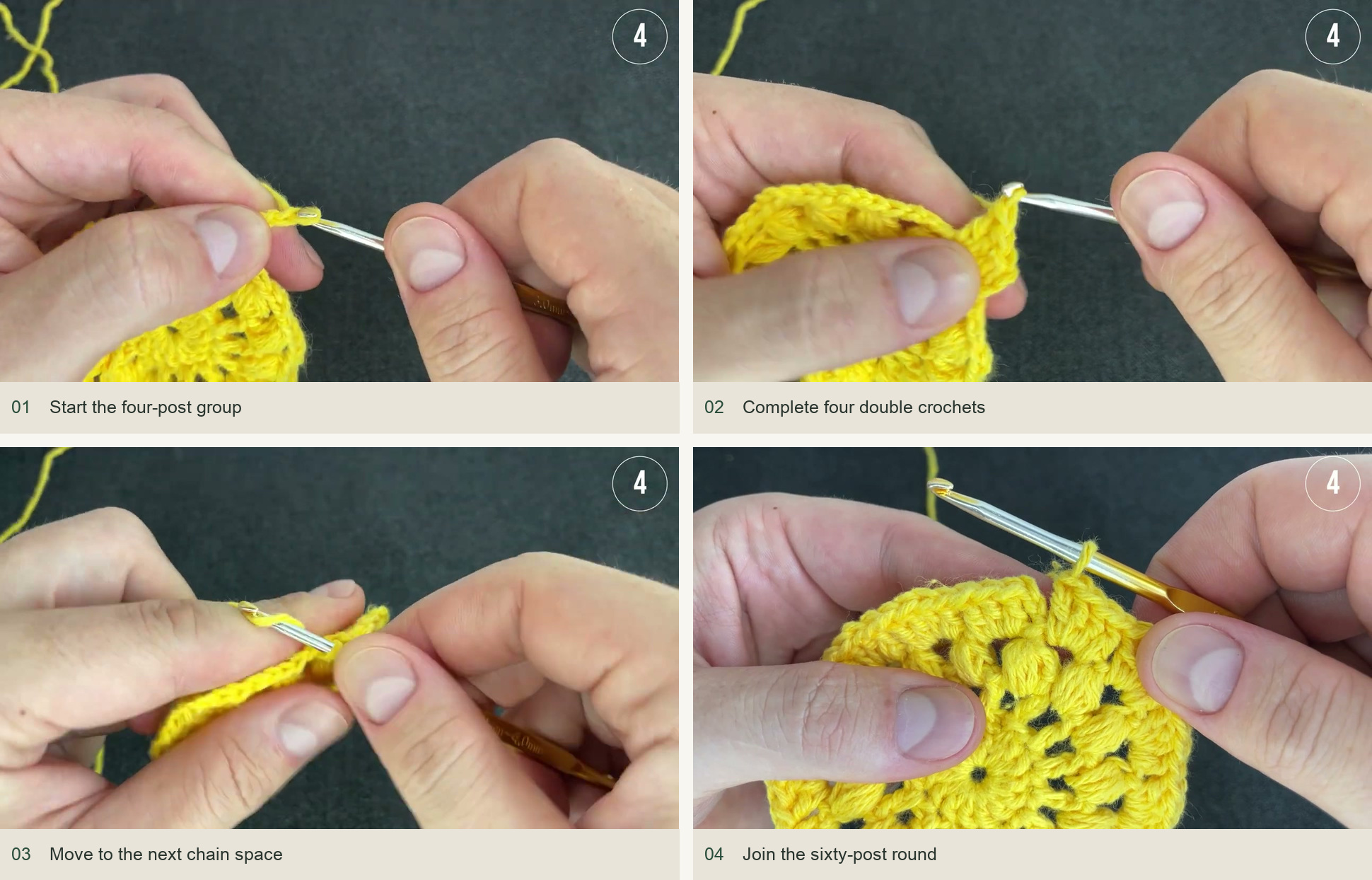 Start the four-post group; Complete four double crochets; Move to the next chain space; Join the sixty-post round