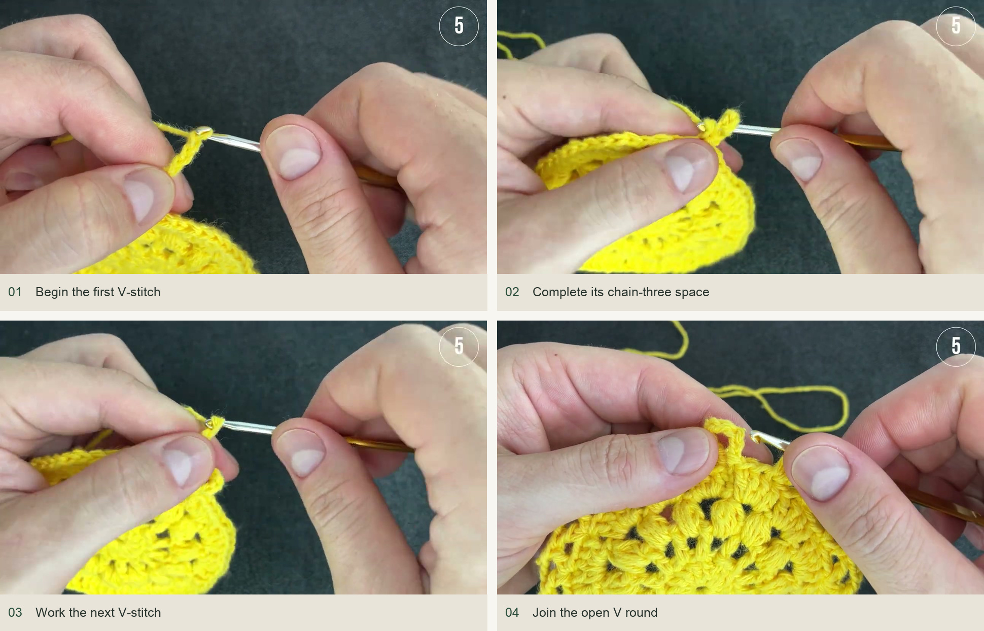 Begin the first V-stitch; Complete its chain-three space; Work the next V-stitch; Join the open V round