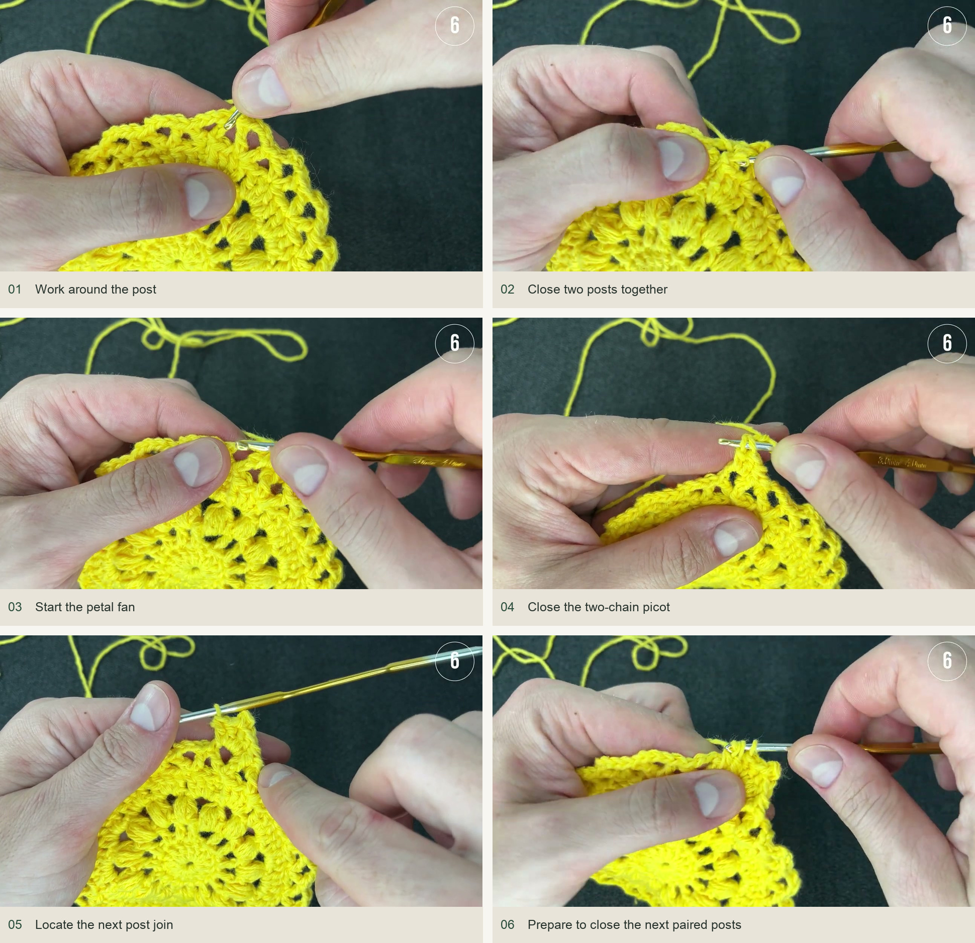 Work around the post; Close two posts together; Start the petal fan; Close the two-chain picot; Locate the next post join; Prepare to close the next paired posts