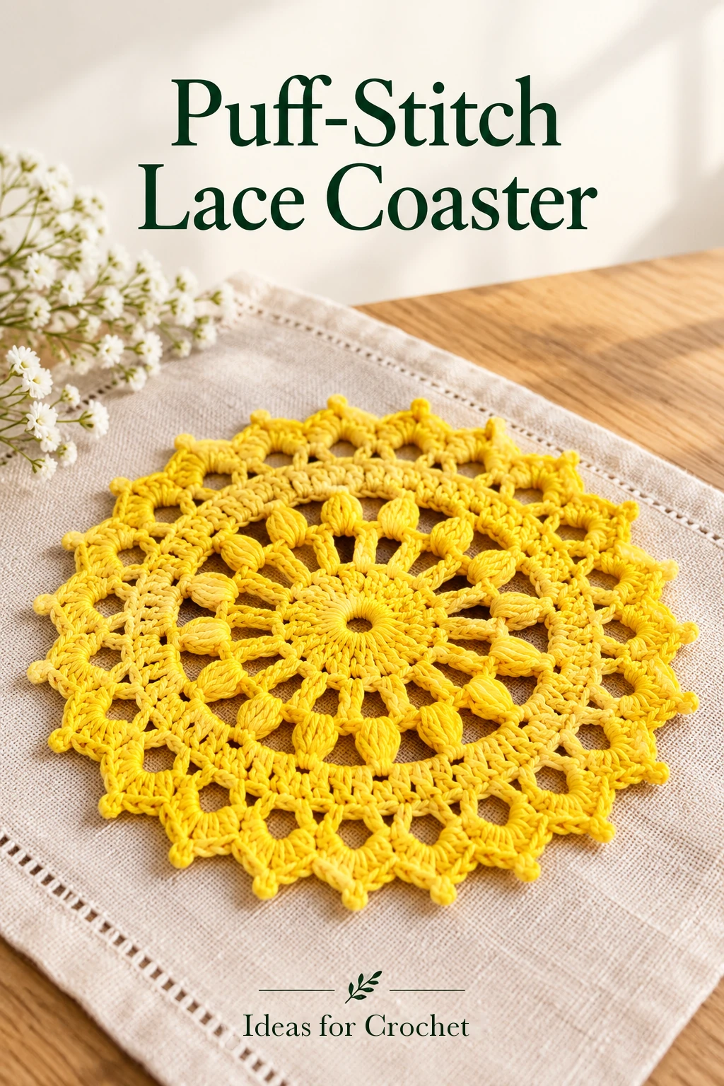 Puff-Stitch Lace Crochet Coaster with Picot Points
