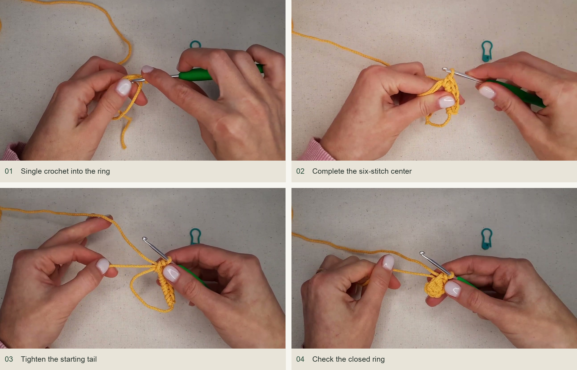 Single crochet into the ring; Complete the six-stitch center; Tighten the starting tail; Check the closed ring