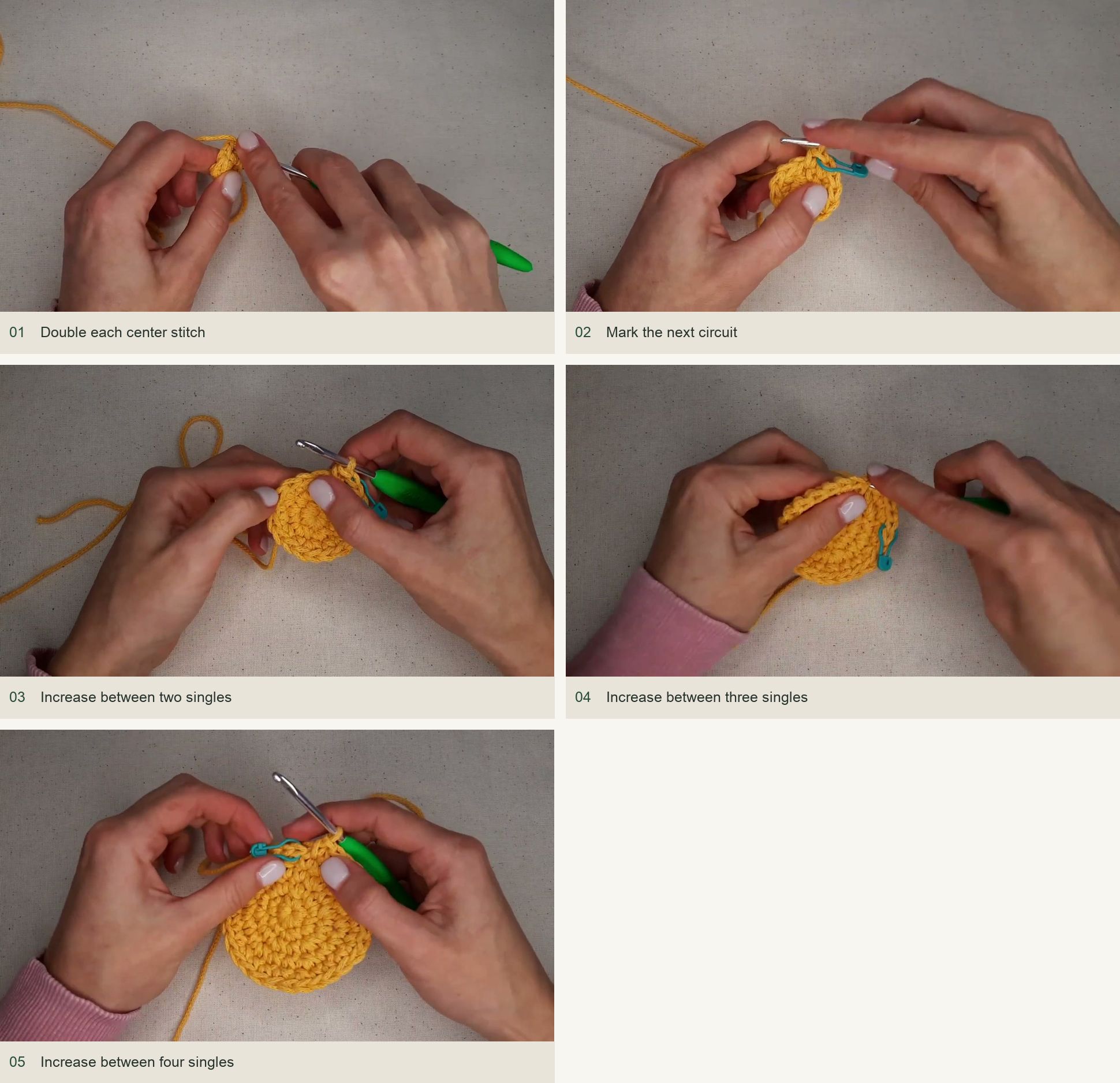 Double each center stitch; Mark the next circuit; Increase between two singles; Increase between three singles; Increase between four singles