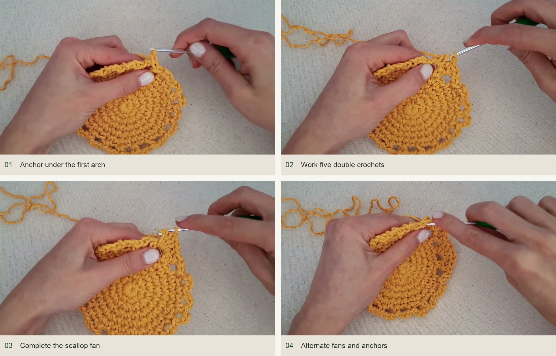 Anchor under the first arch; Work five double crochets; Complete the scallop fan; Alternate fans and anchors
