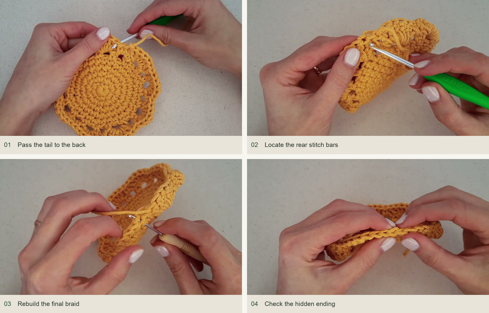 Pass the tail to the back; Locate the rear stitch bars; Rebuild the final braid; Check the hidden ending