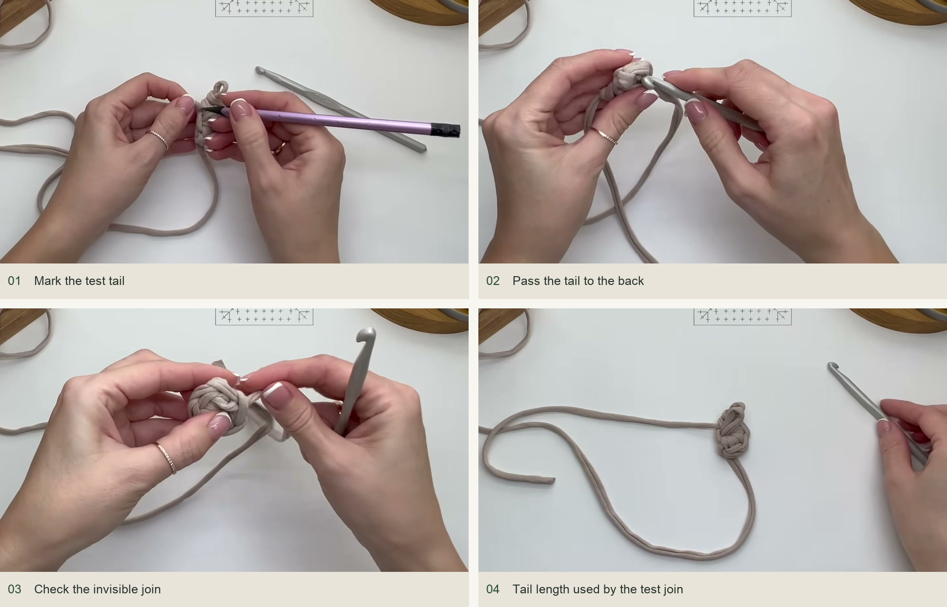 Mark the test tail; Pass the tail to the back; Check the invisible join; Tail length used by the test join