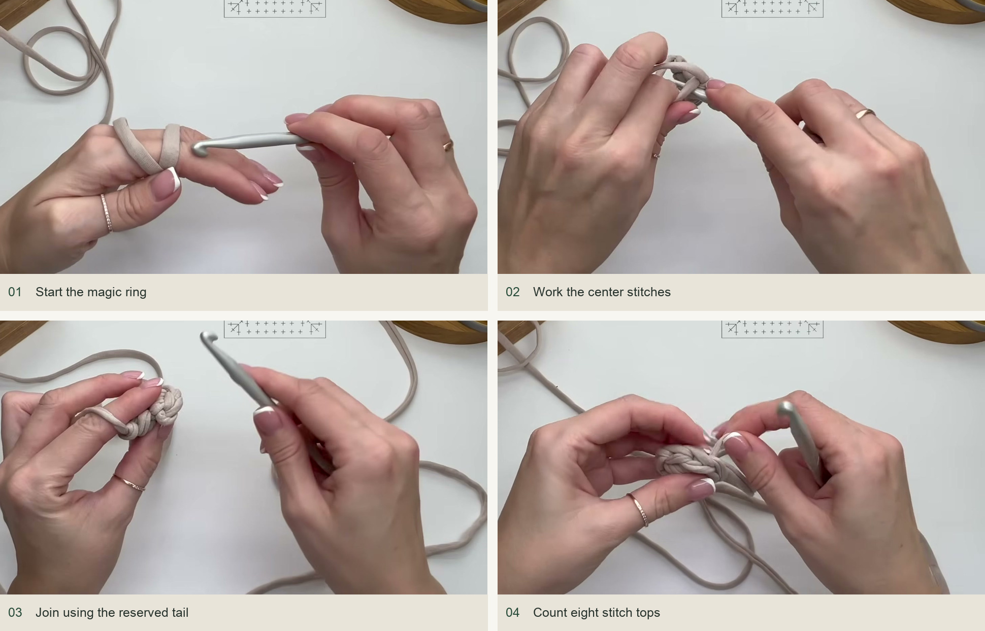 Start the magic ring; Work the center stitches; Join using the reserved tail; Count eight stitch tops