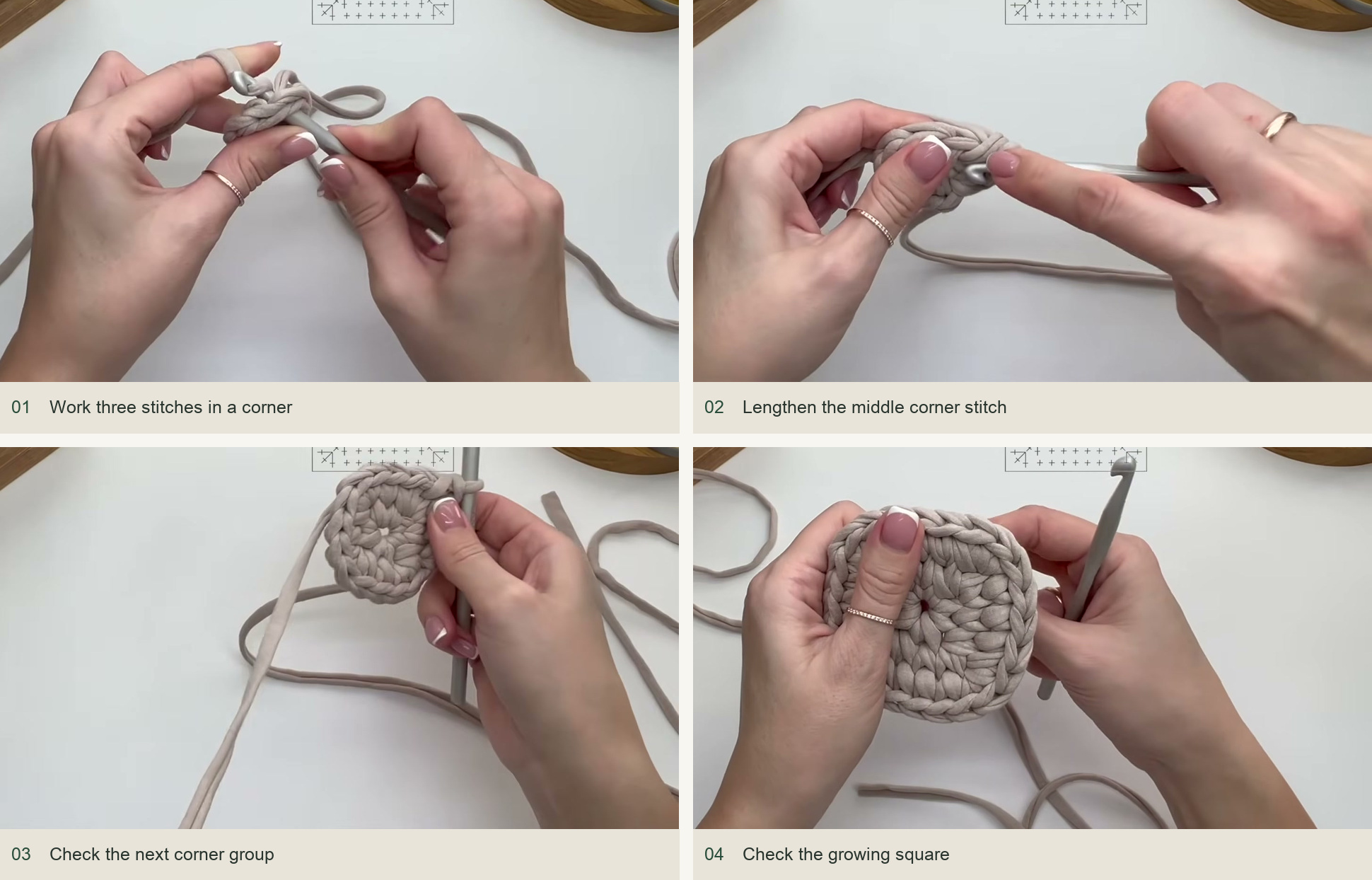 Work three stitches in a corner; Lengthen the middle corner stitch; Check the next corner group; Check the growing square