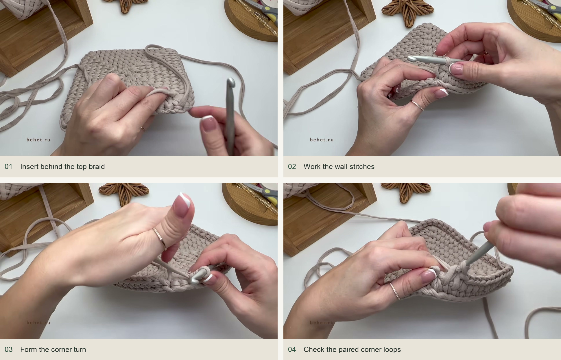 Insert behind the top braid; Work the wall stitches; Form the corner turn; Check the paired corner loops