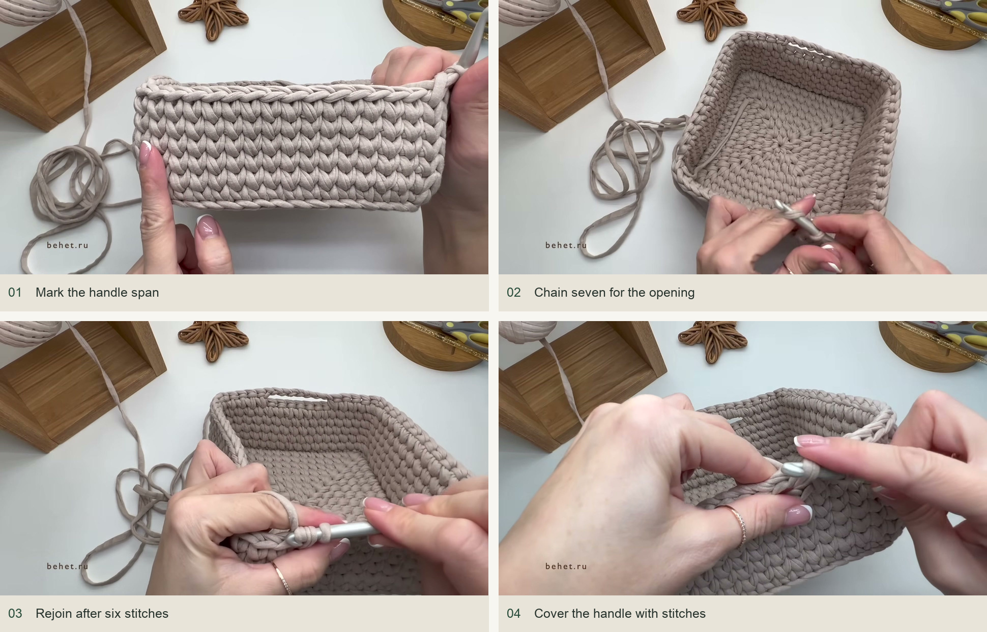 Mark the handle span; Chain seven for the opening; Rejoin after six stitches; Cover the handle with stitches