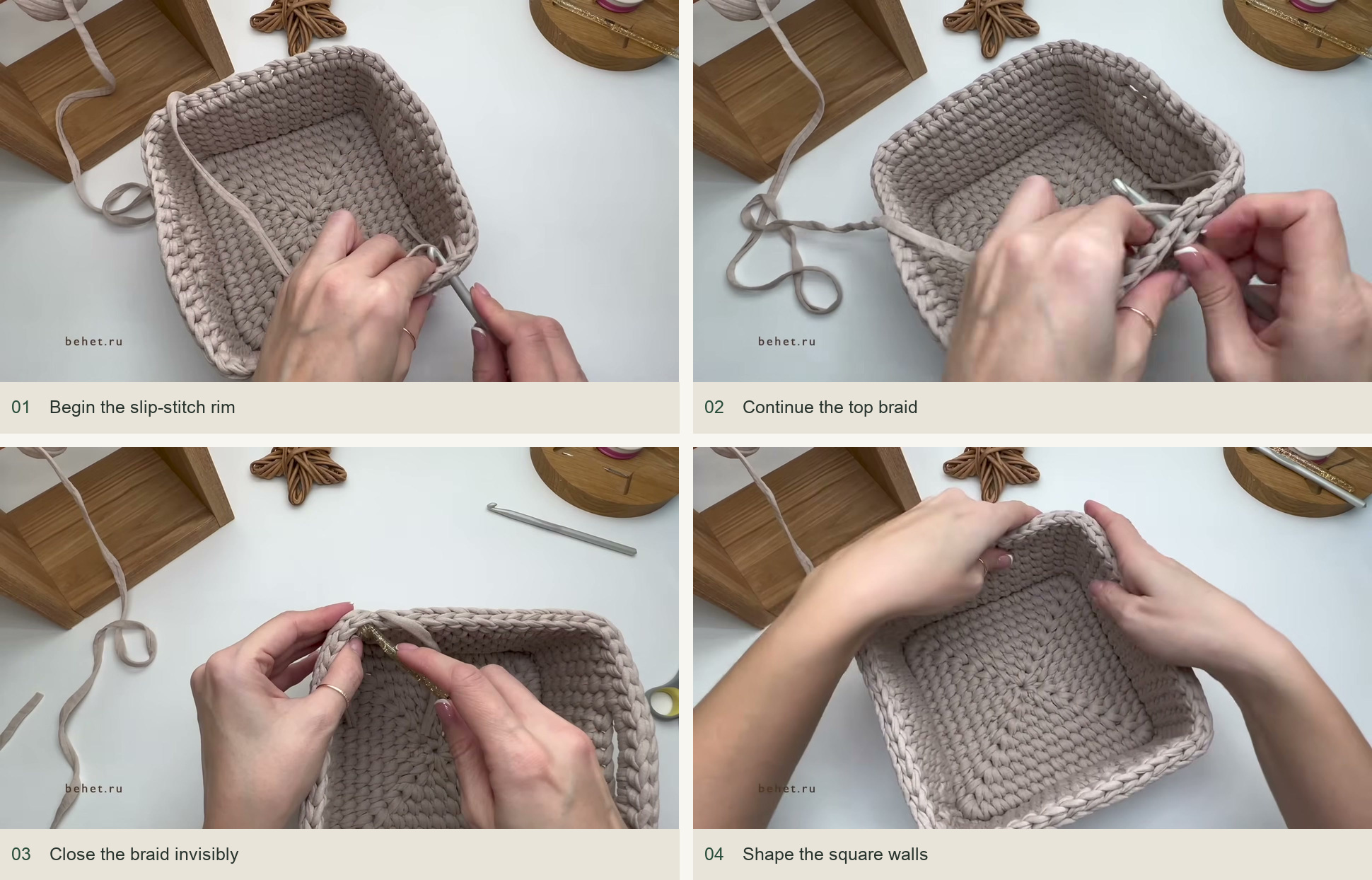 Begin the slip-stitch rim; Continue the top braid; Close the braid invisibly; Shape the square walls