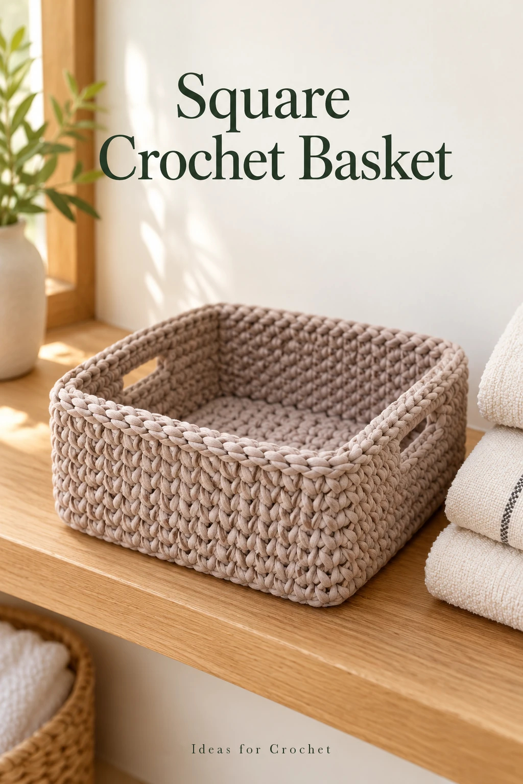 Square T-Shirt Yarn Crochet Basket with Small Handles
