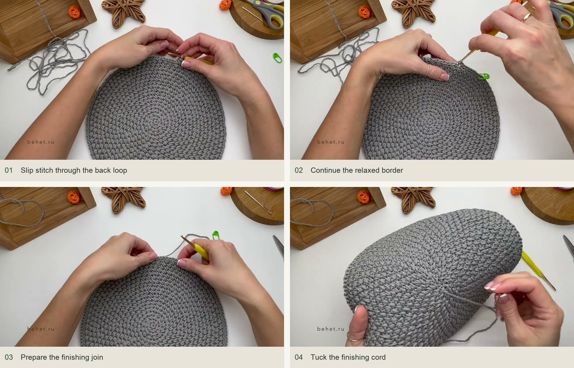 Make a quiet, even border: Slip stitch through the back loop; Continue the relaxed border; Prepare the finishing join; Tuck the finishing cord