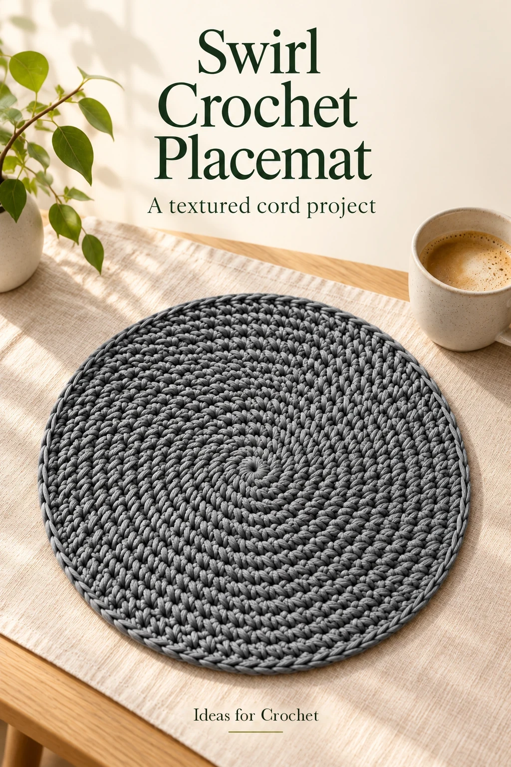 Steel-gray swirl crochet placemat with a project headline