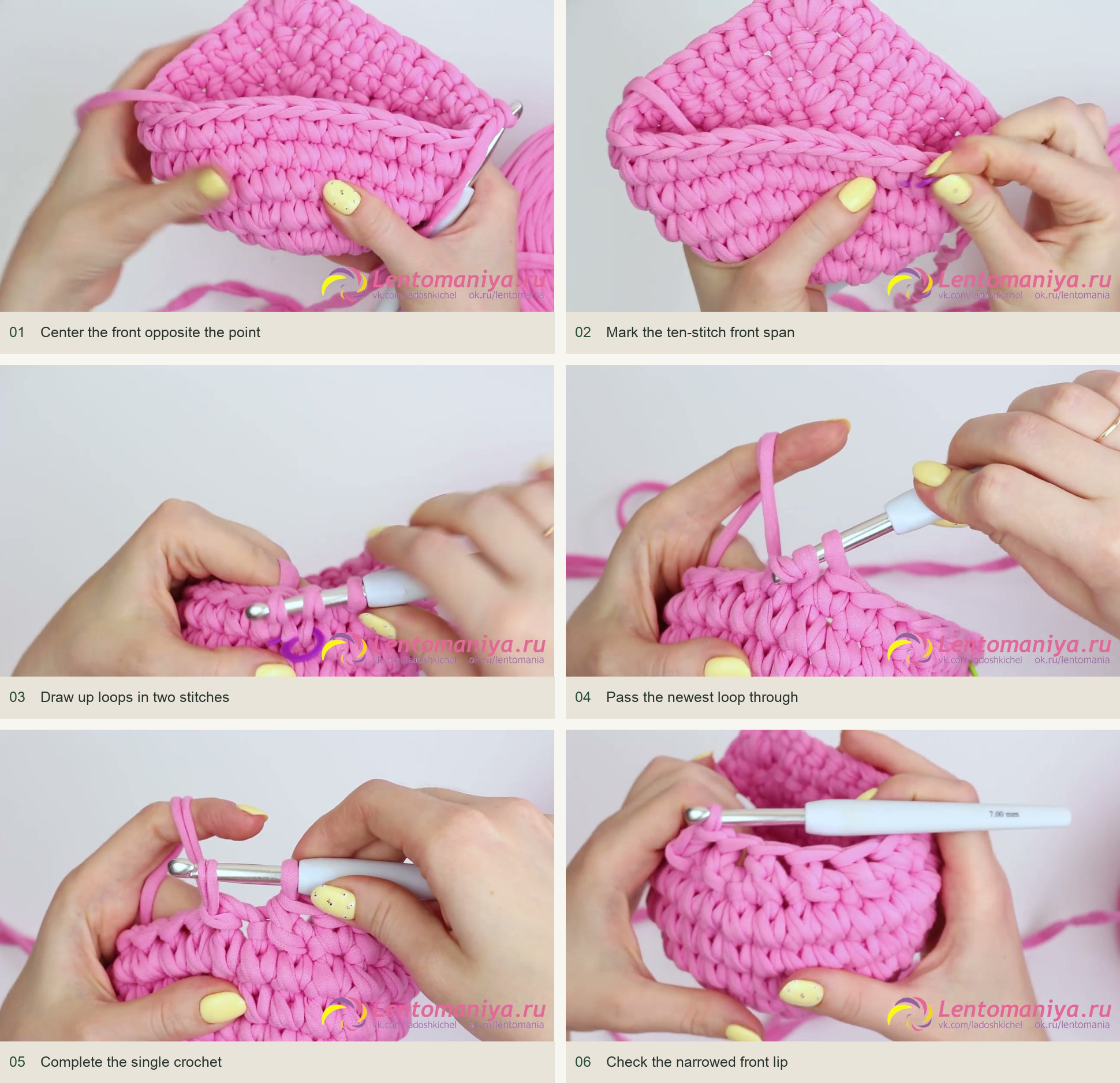 The fourth wall round: narrow ten front stitches: Center the front opposite the point; Mark the ten-stitch front span; Draw up loops in two stitches; Pass the newest loop through; Complete the single crochet; Check the narrowed front lip