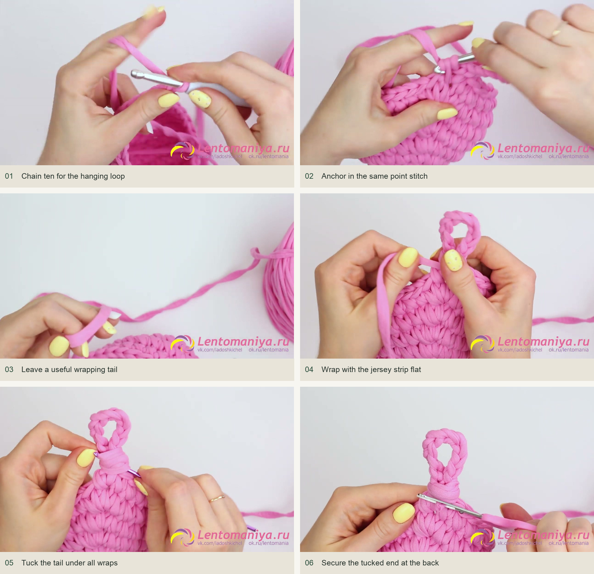 Make the ten-chain hanging loop: Chain ten for the hanging loop; Anchor in the same point stitch; Leave a useful wrapping tail; Wrap with the jersey strip flat; Tuck the tail under all wraps; Secure the tucked end at the back