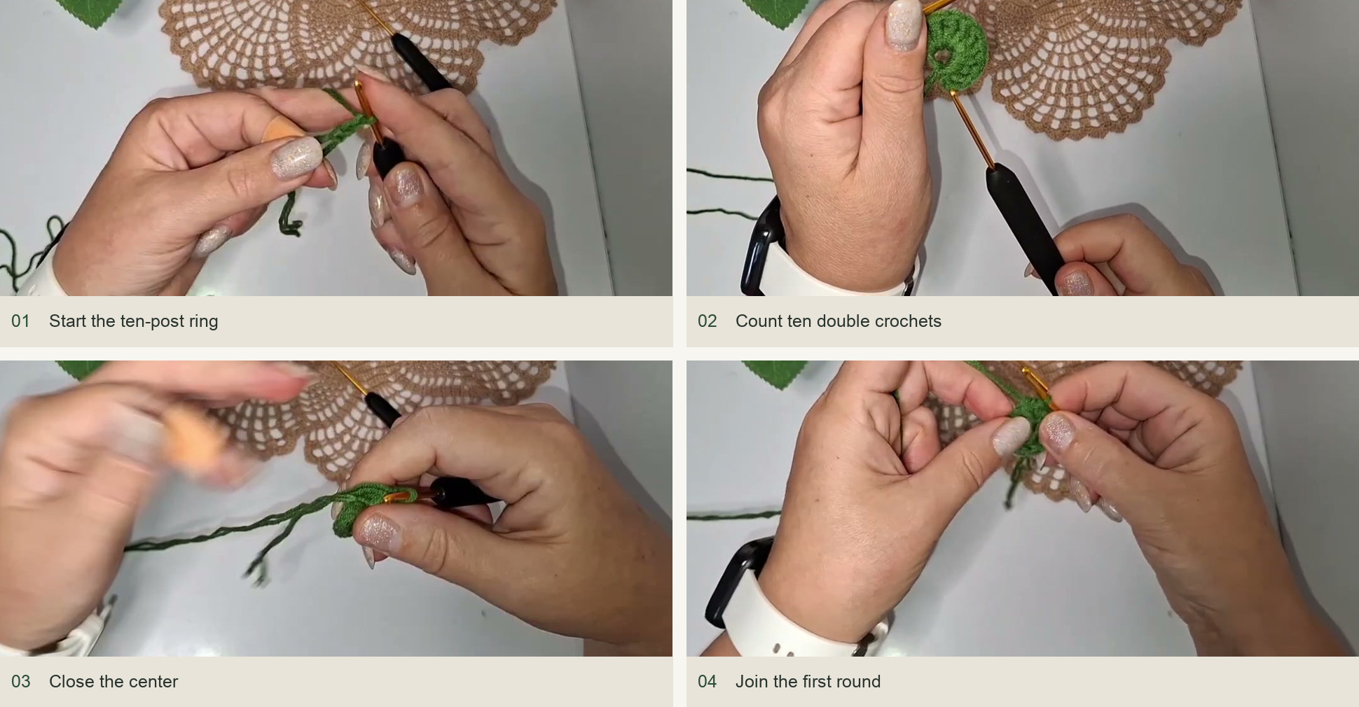 Start the ten-post ring; Count ten double crochets; Close the center; Join the first round