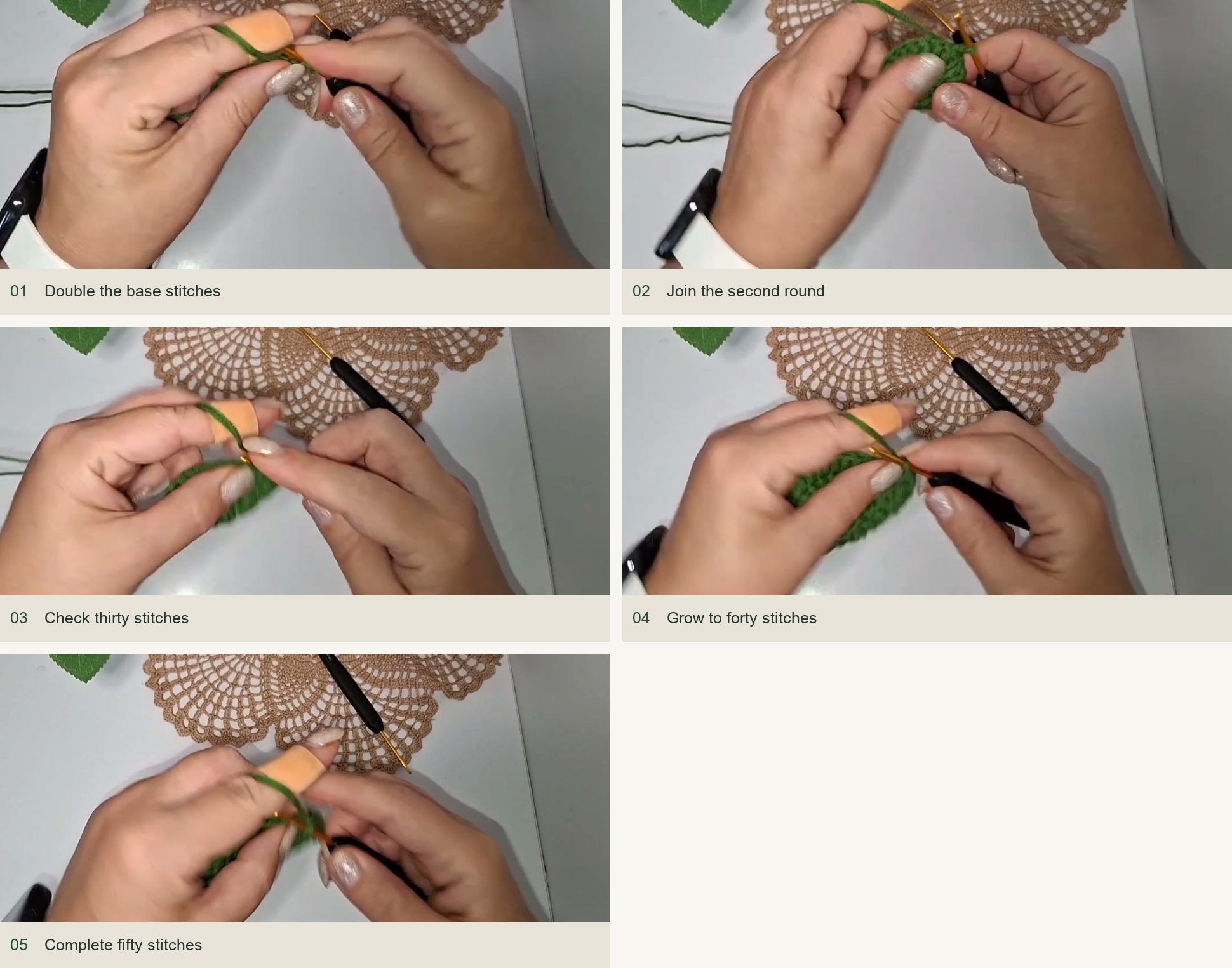 Double the base stitches; Join the second round; Check thirty stitches; Grow to forty stitches; Complete fifty stitches