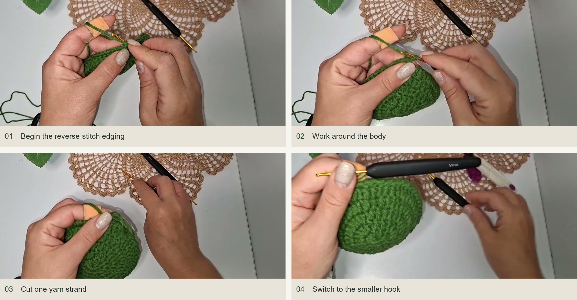 Begin the reverse-stitch edging; Work around the body; Cut one yarn strand; Switch to the smaller hook