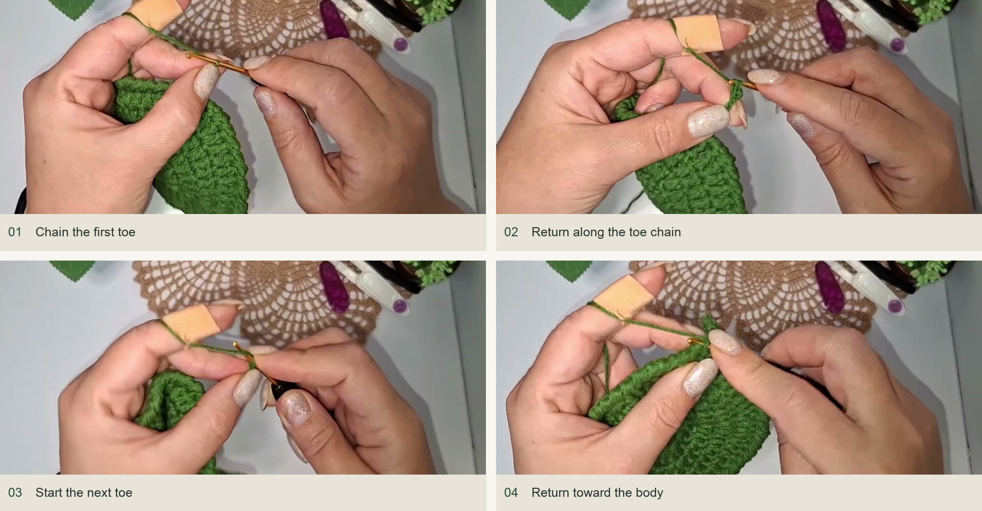 Chain the first toe; Return along the toe chain; Start the next toe; Return toward the body