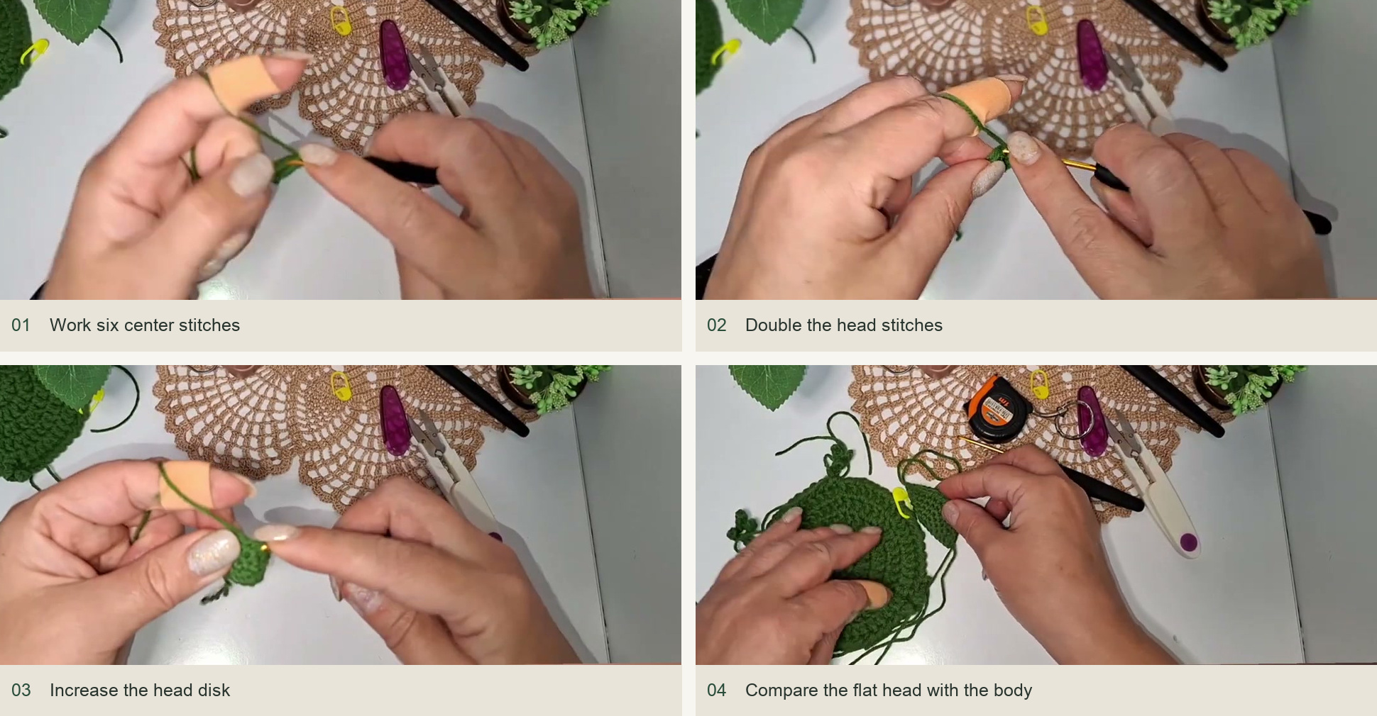 Work six center stitches; Double the head stitches; Increase the head disk; Compare the flat head with the body