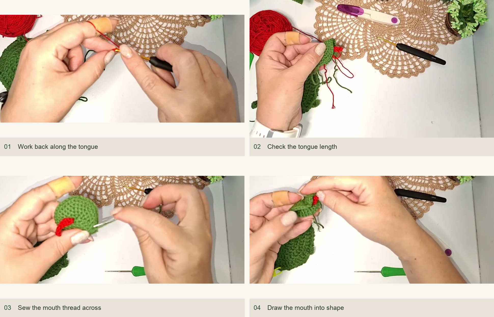 Work back along the tongue; Check the tongue length; Sew the mouth thread across; Draw the mouth into shape